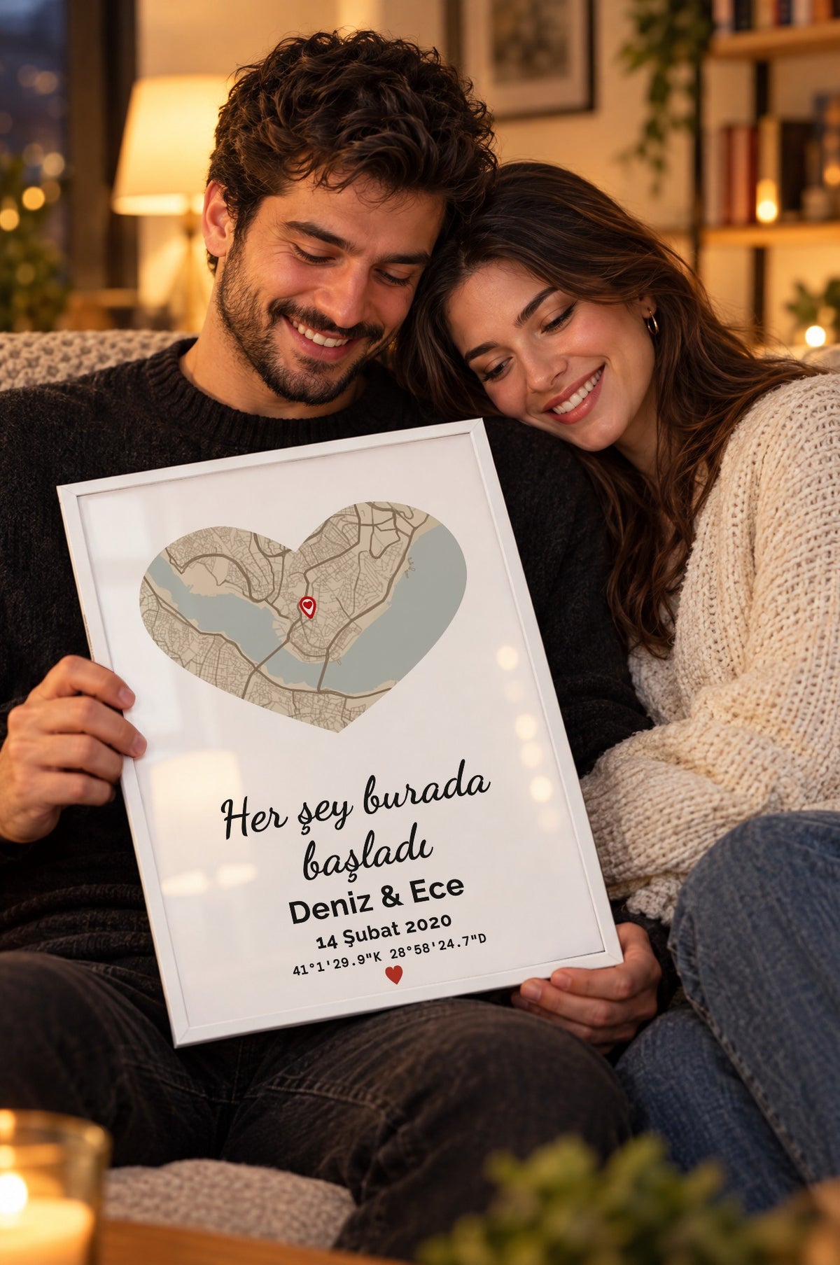 Kalp Vintage Anı Haritası Tablosu – yaşam, Beyaz çerçeve