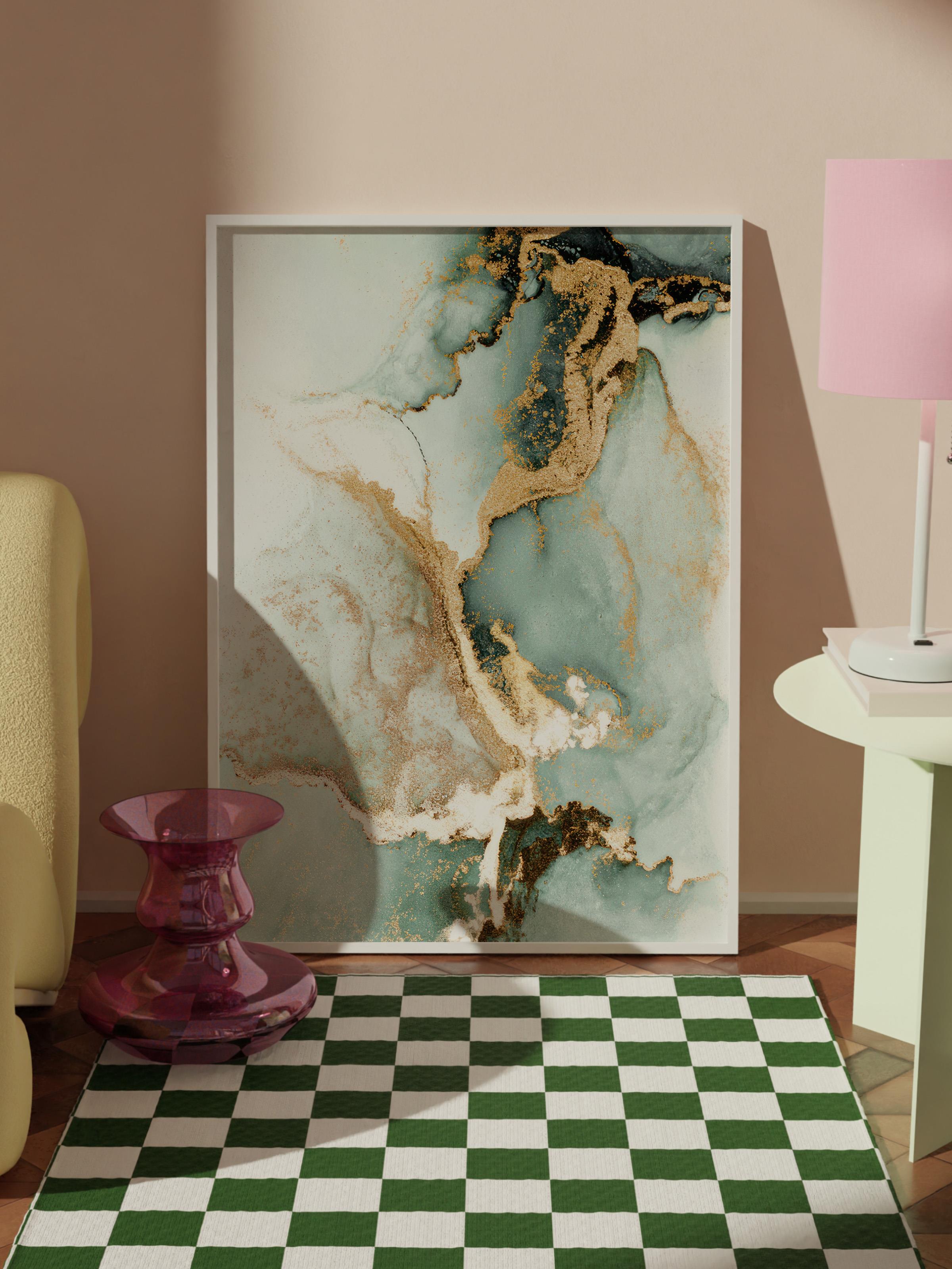 Abstract Green Marble No2 Beyaz Çerçeveli Tablo, Duvar Tablosu Comfort Serisi NO:108453