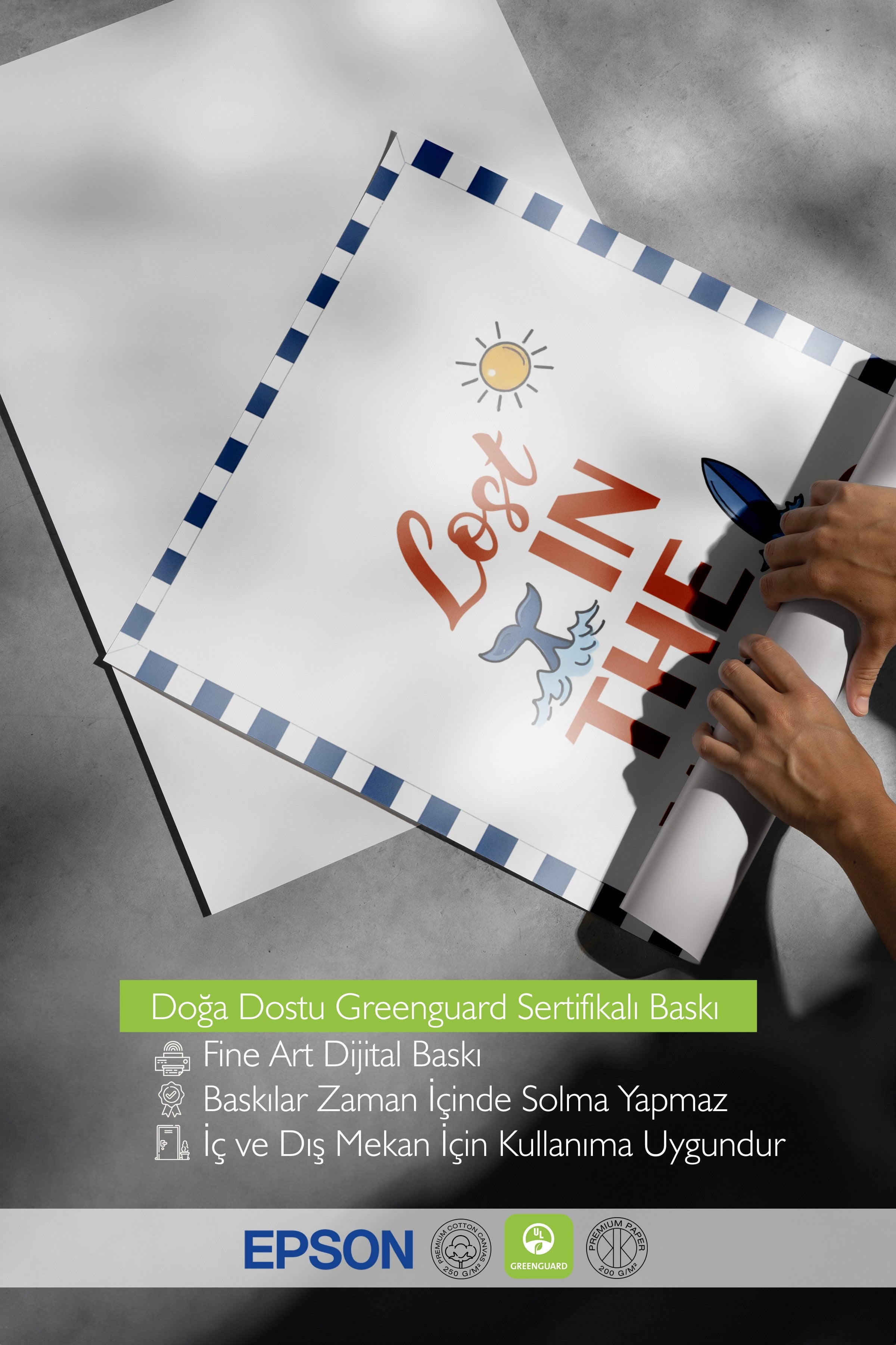 Ahşap Çerçeveli Poster, Dalgalar Arasında Kaybolmuş, İllüstrasyon, Beyaz Renk Poster, 2025 Yaz Seçkisi, NO:109627