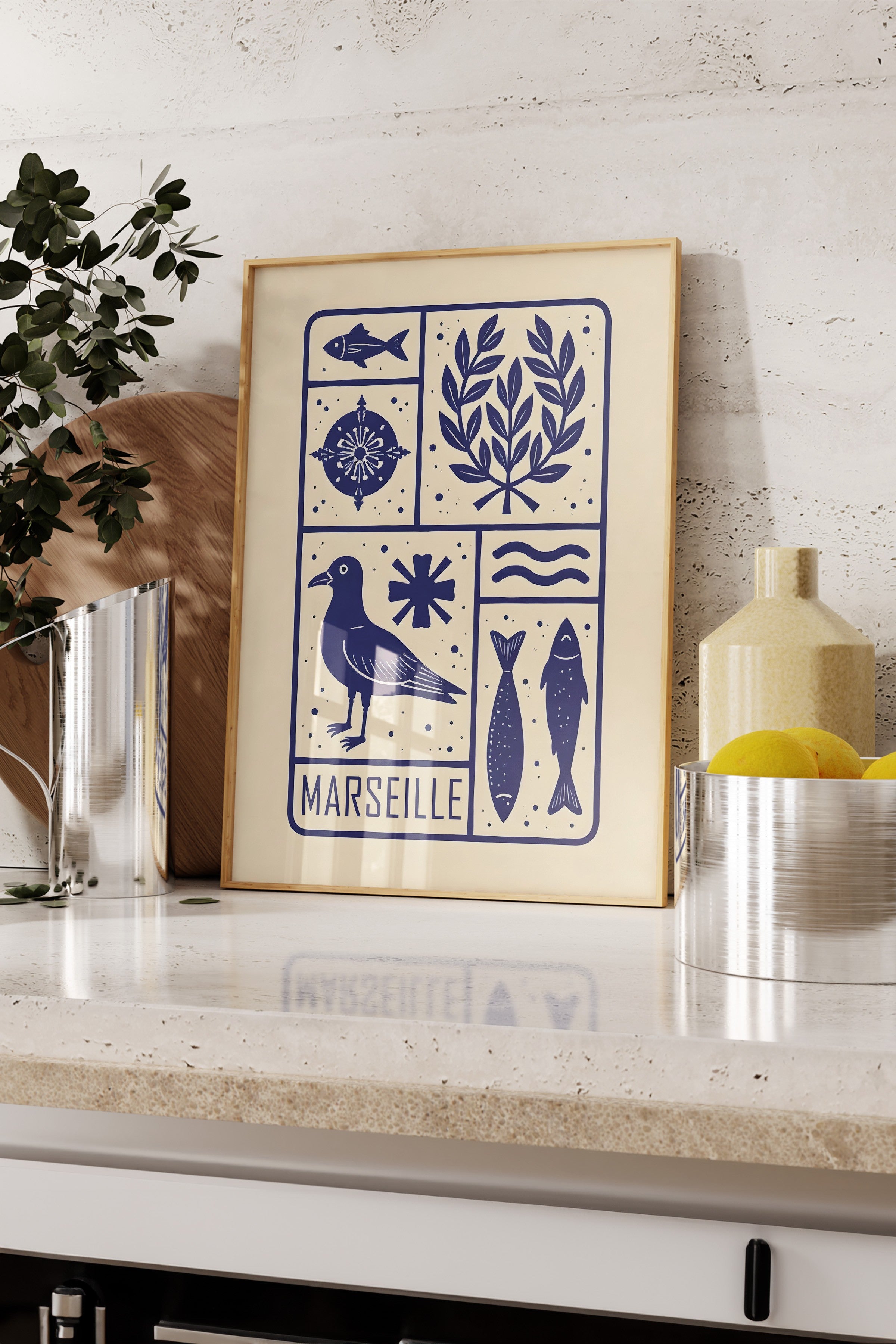 Ahşap Çerçeveli Poster, Marsilya, İllüstrasyon, Mavi Renk Poster, 2025 Yaz Seçkisi, NO:109572