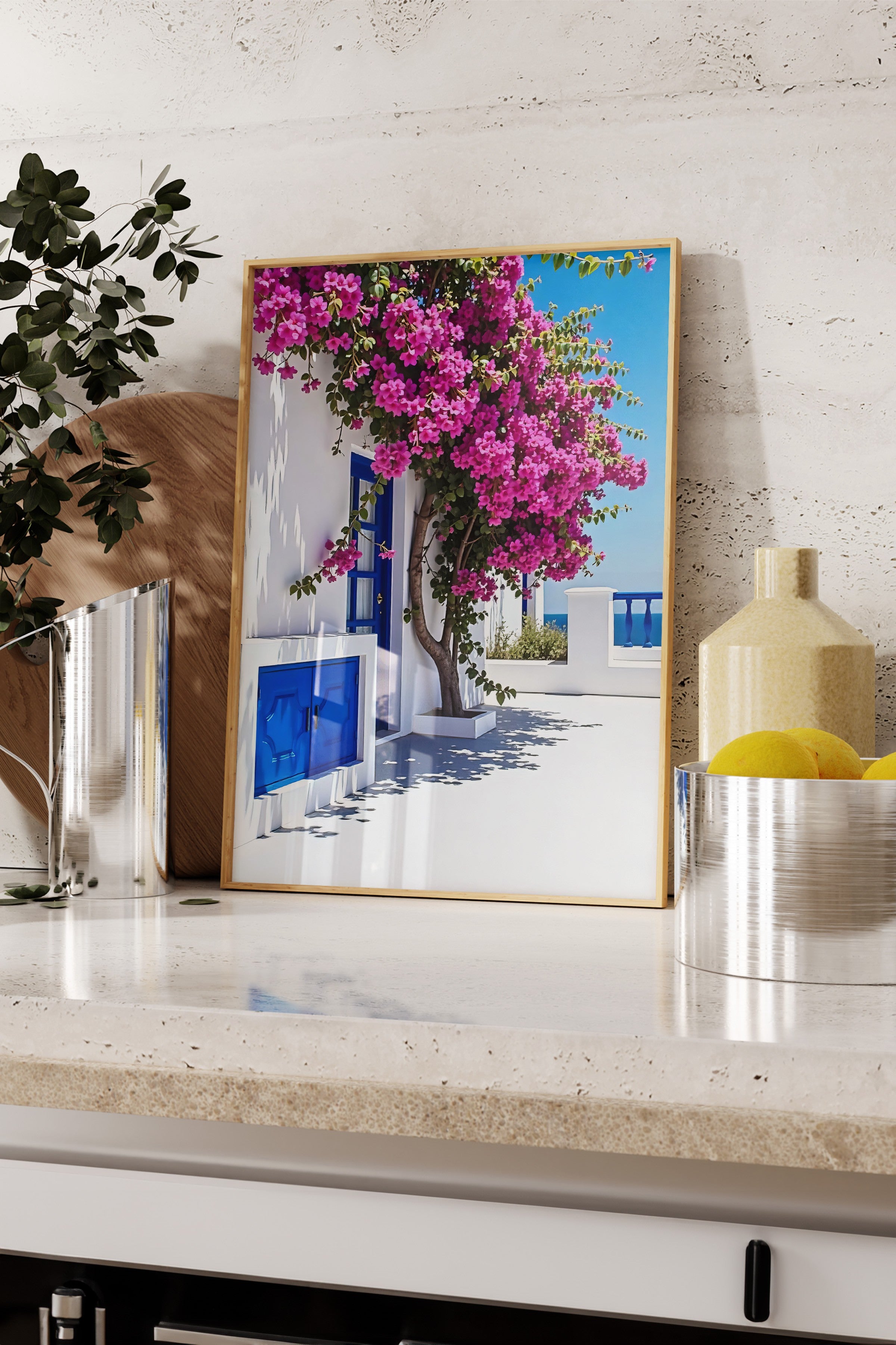 Ahşap Çerçeveli Poster, Pembe Çiçekler ve Ev, Fotoğraf, Mavi Renk Poster, 2025 Yaz Seçkisi, NO:109530