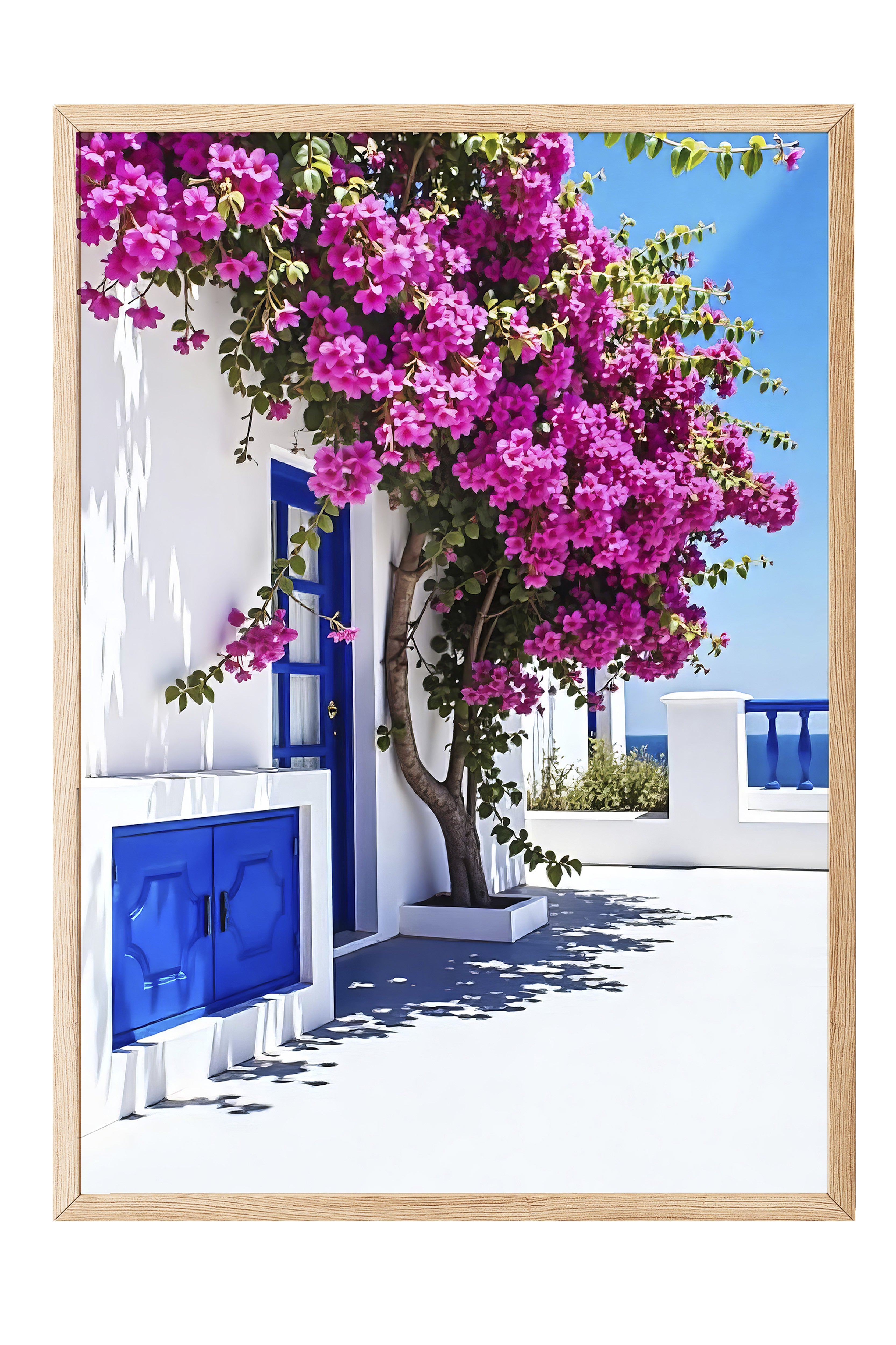 Ahşap Çerçeveli Poster, Pembe Çiçekler ve Ev, Fotoğraf, Mavi Renk Poster, 2025 Yaz Seçkisi, NO:109530