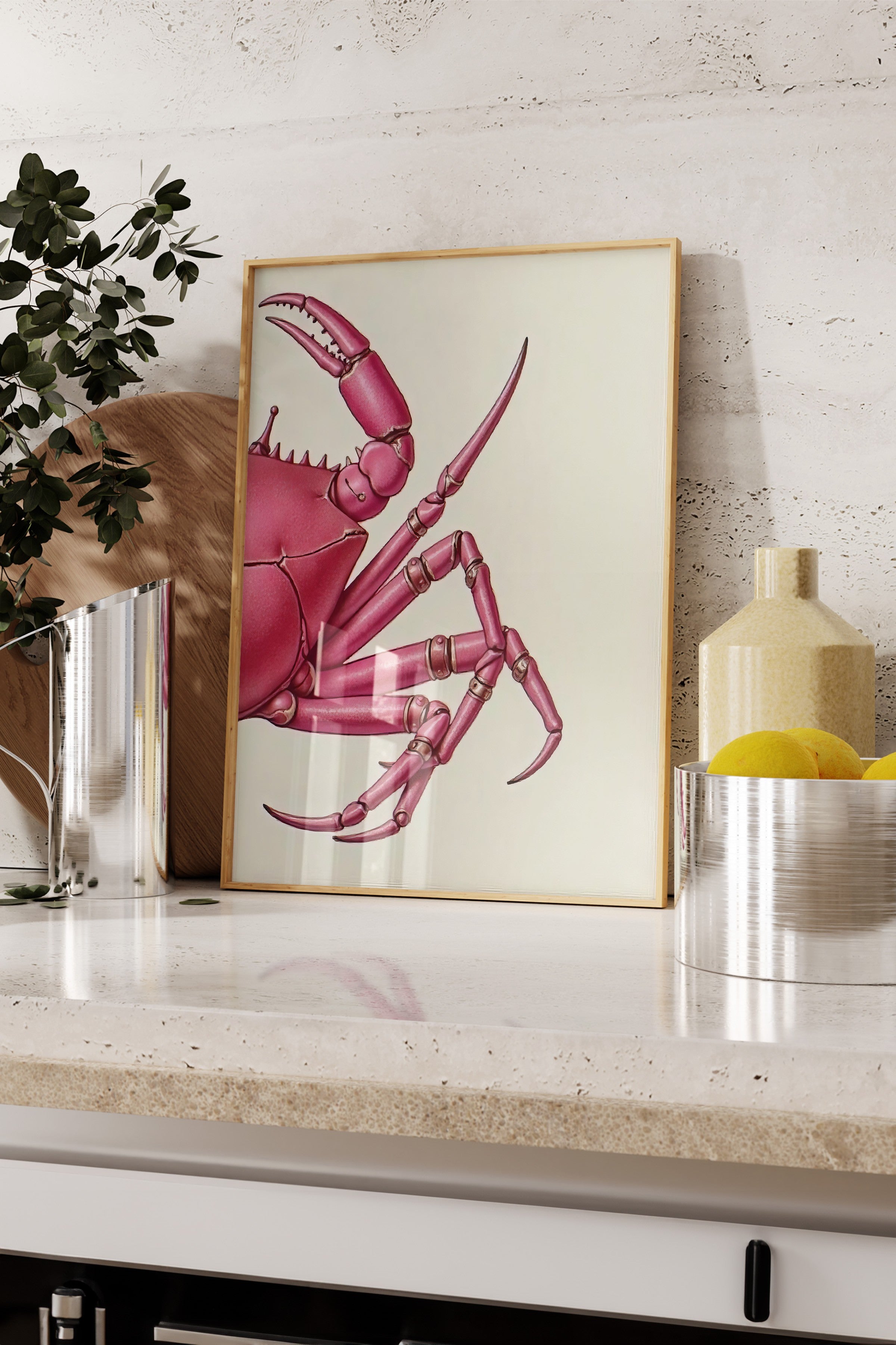 Ahşap Çerçeveli Poster, Pembe Yengeç, İllüstrasyon, Pembe Renk Poster, 2025 Yaz Seçkisi, NO:109598