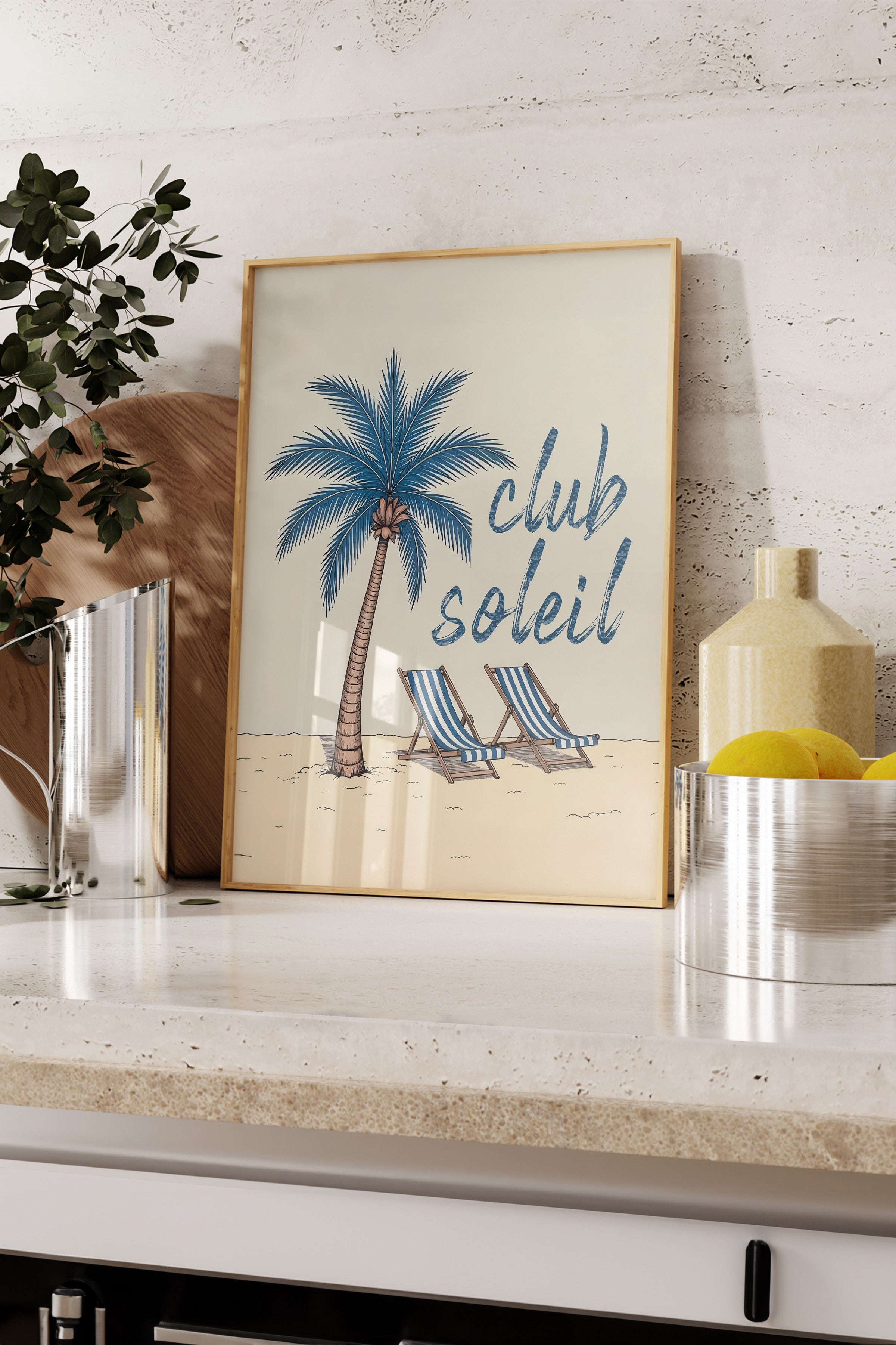 Ahşap Çerçeveli Poster, Soleil Kulübü, İllüstrasyon, Mavi Renk Poster, 2025 Yaz Seçkisi, NO:109563