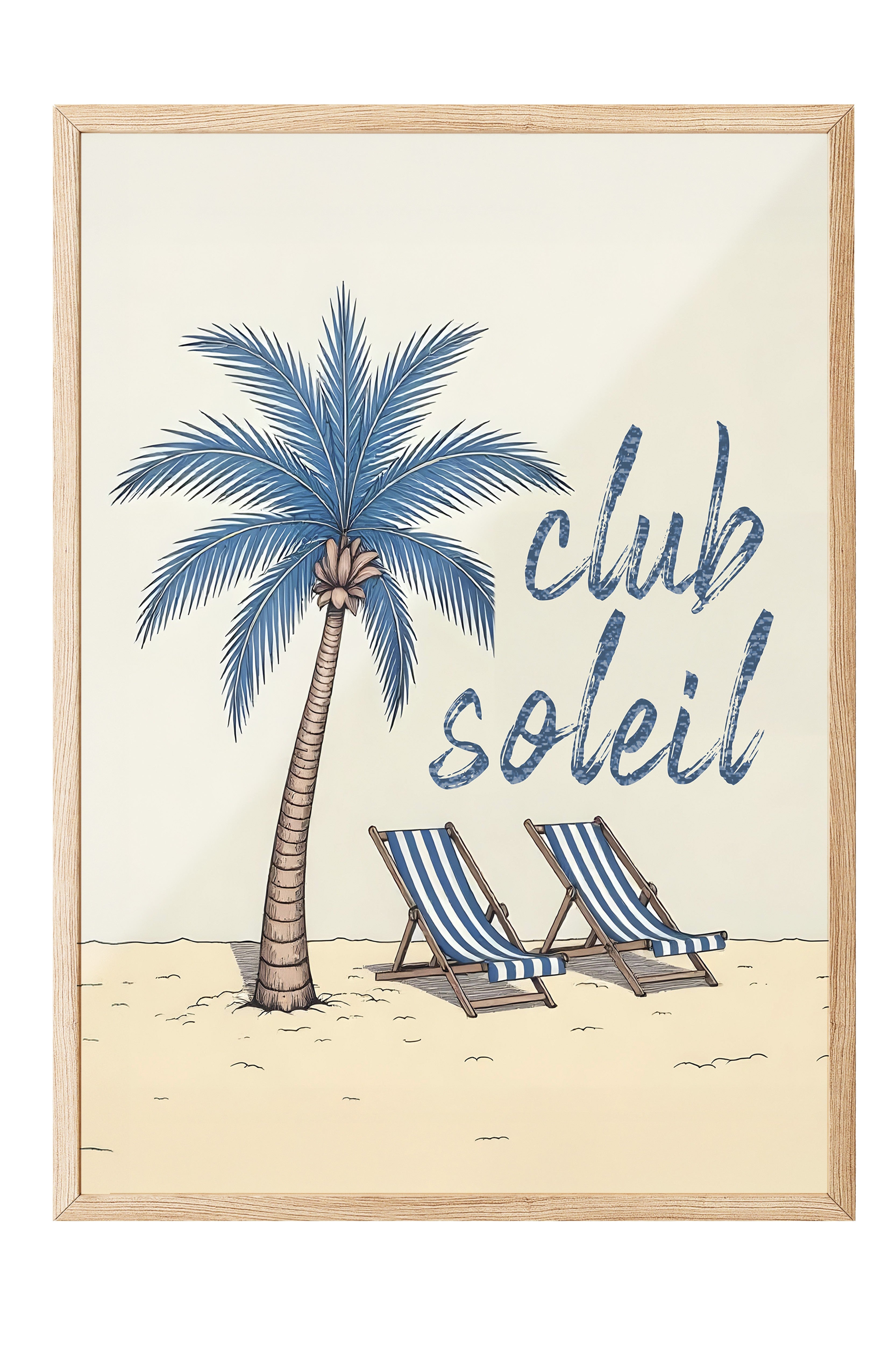 Ahşap Çerçeveli Poster, Soleil Kulübü, İllüstrasyon, Mavi Renk Poster, 2025 Yaz Seçkisi, NO:109563