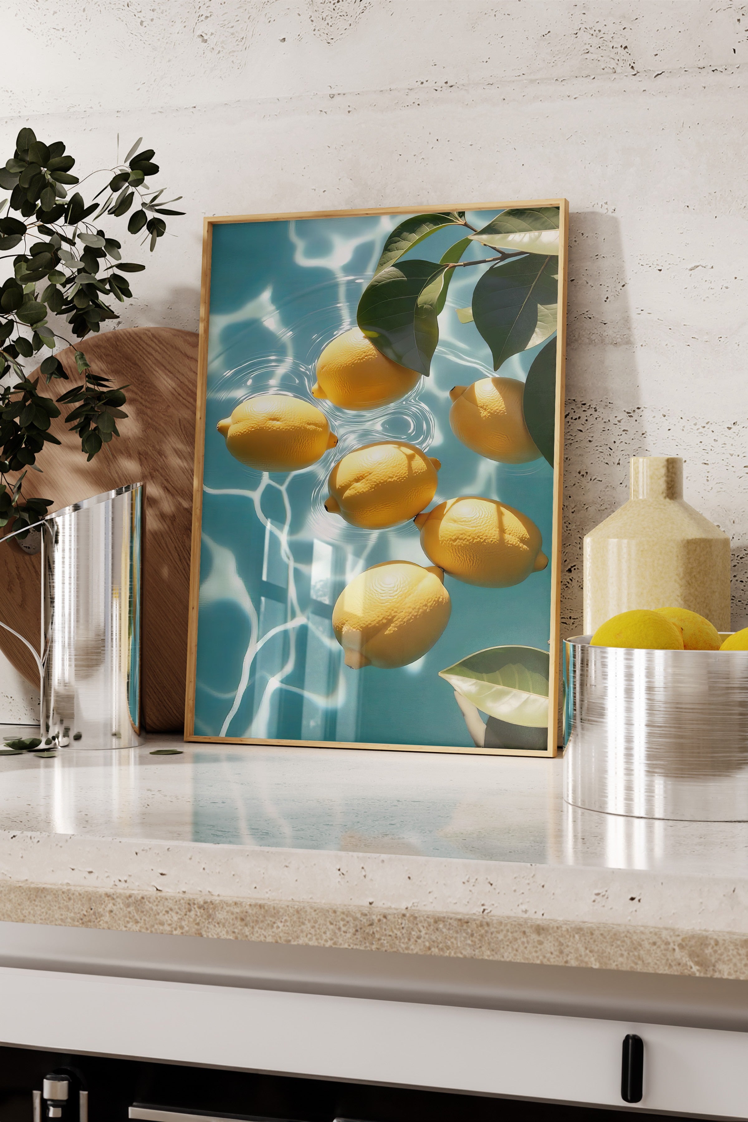 Ahşap Çerçeveli Poster, Suda Limonlar, Fotoğraf, Mavi Renk Poster, 2025 Yaz Seçkisi, NO:109697