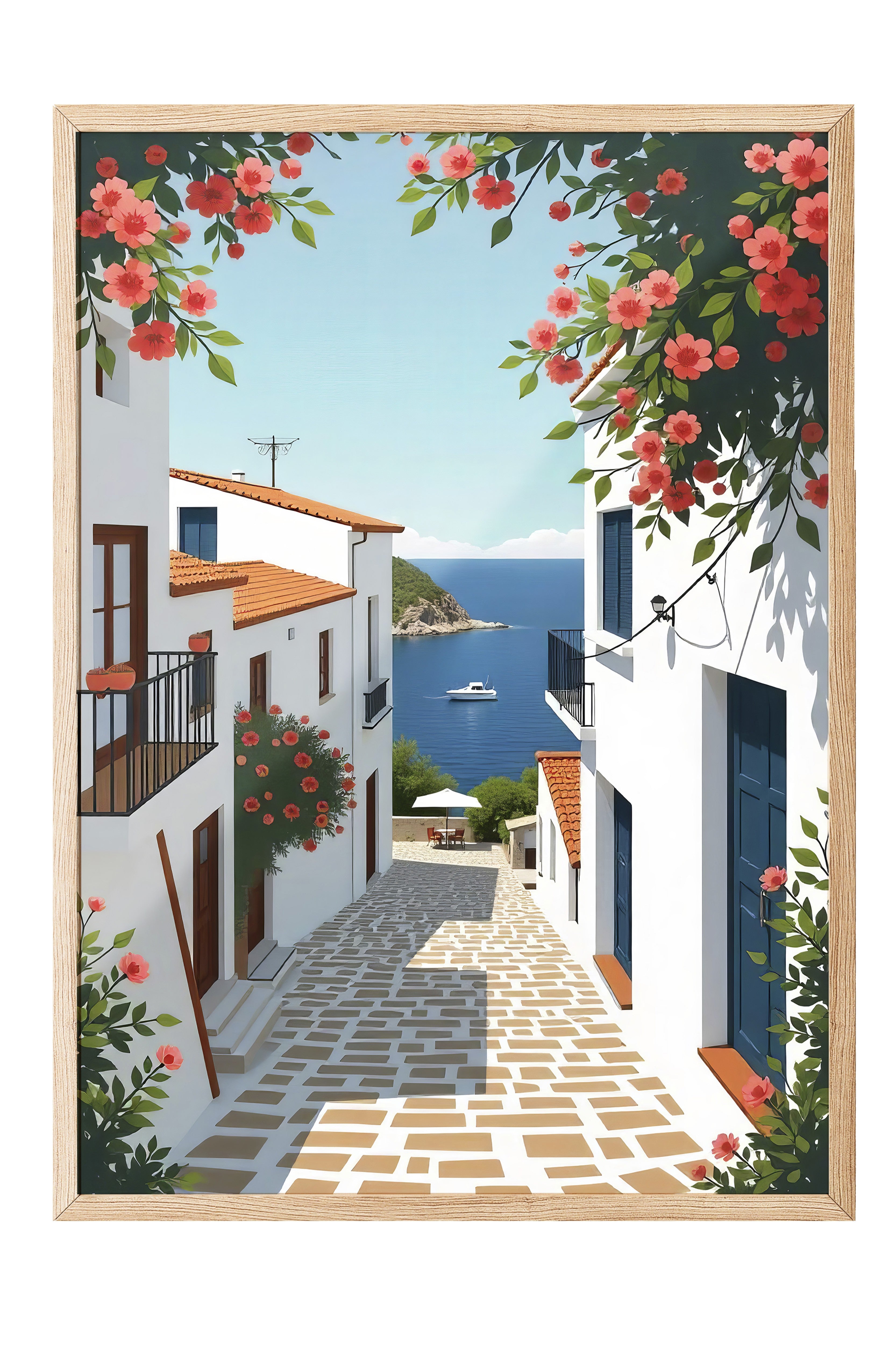 Ahşap Çerçeveli Poster Tablo, Denize Giden Yol, Fotoğraf, Mavi Renk Poster, 2025 Yaz Seçkisi, NO:109501