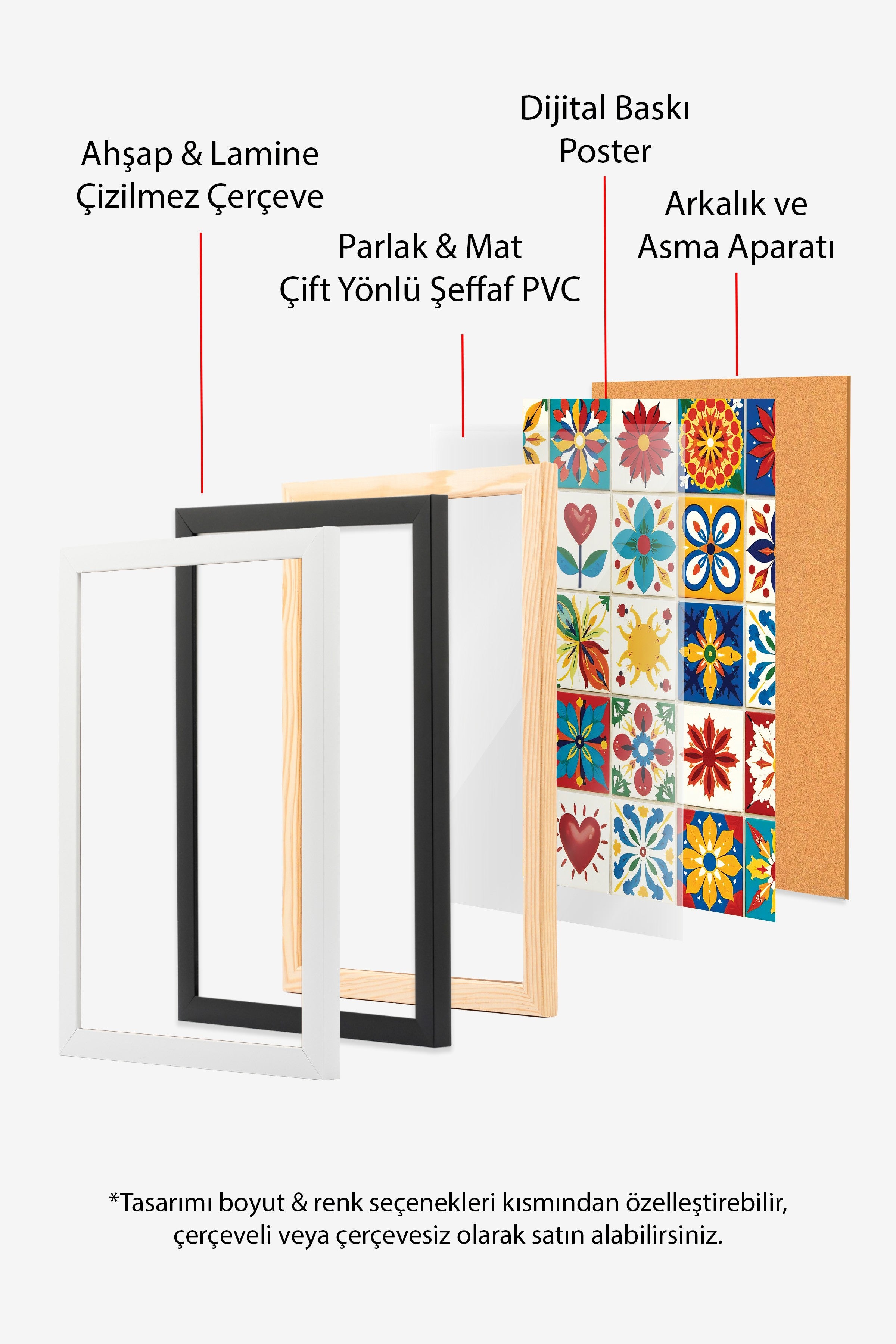 Ahşap Çerçeveli Poster Tablo, Karışık Renkli Kareler, İllüstrasyon, Maximalist, Kırmızı Renk Poster, 2025 Yaz Seçkisi, NO:109491