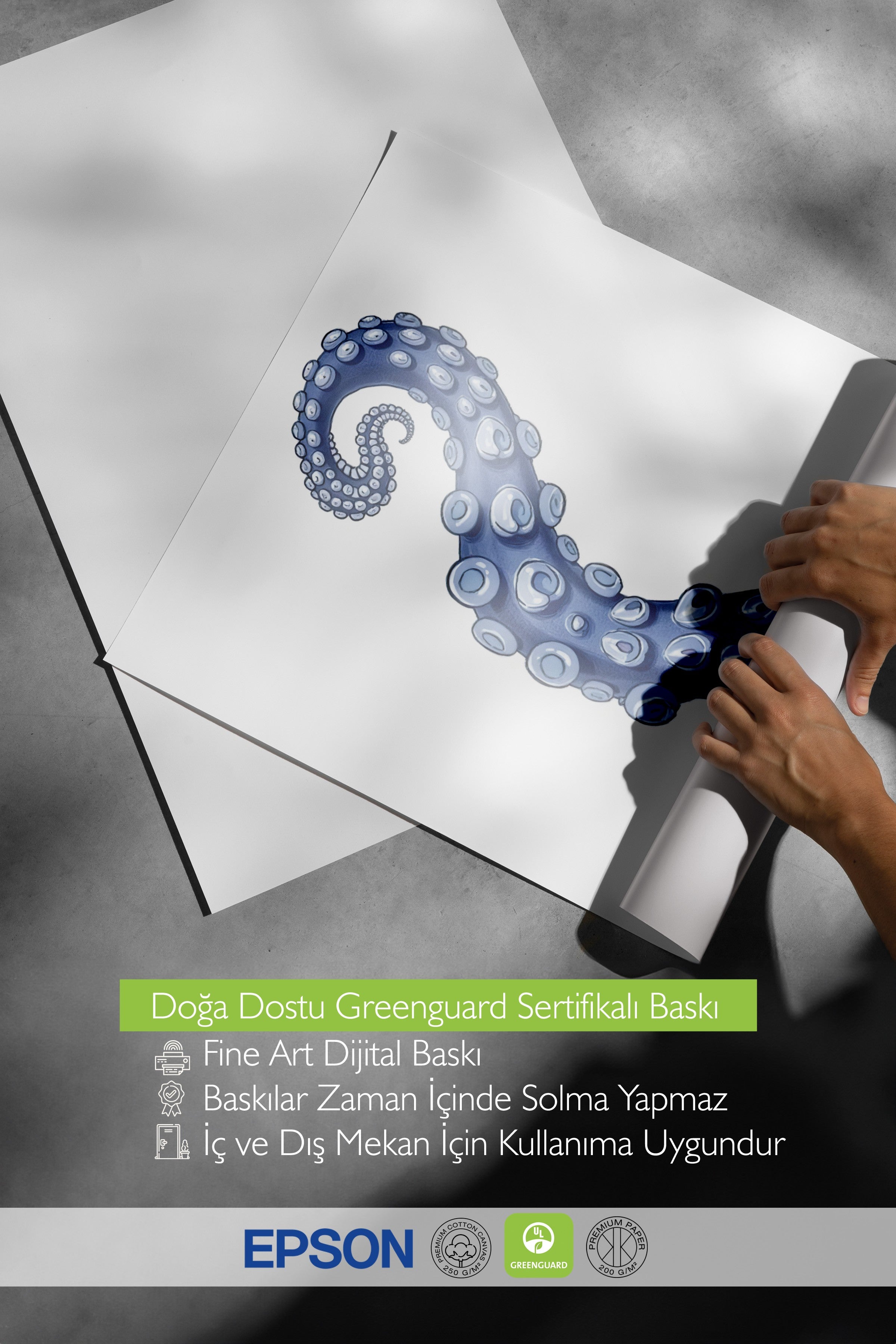 Ahşap Çerçeveli Poster Tablo, Mavi Ahtapot Uzvu, İllüstrasyon, Mavi Renk Poster, 2025 Yaz Seçkisi, NO:109486