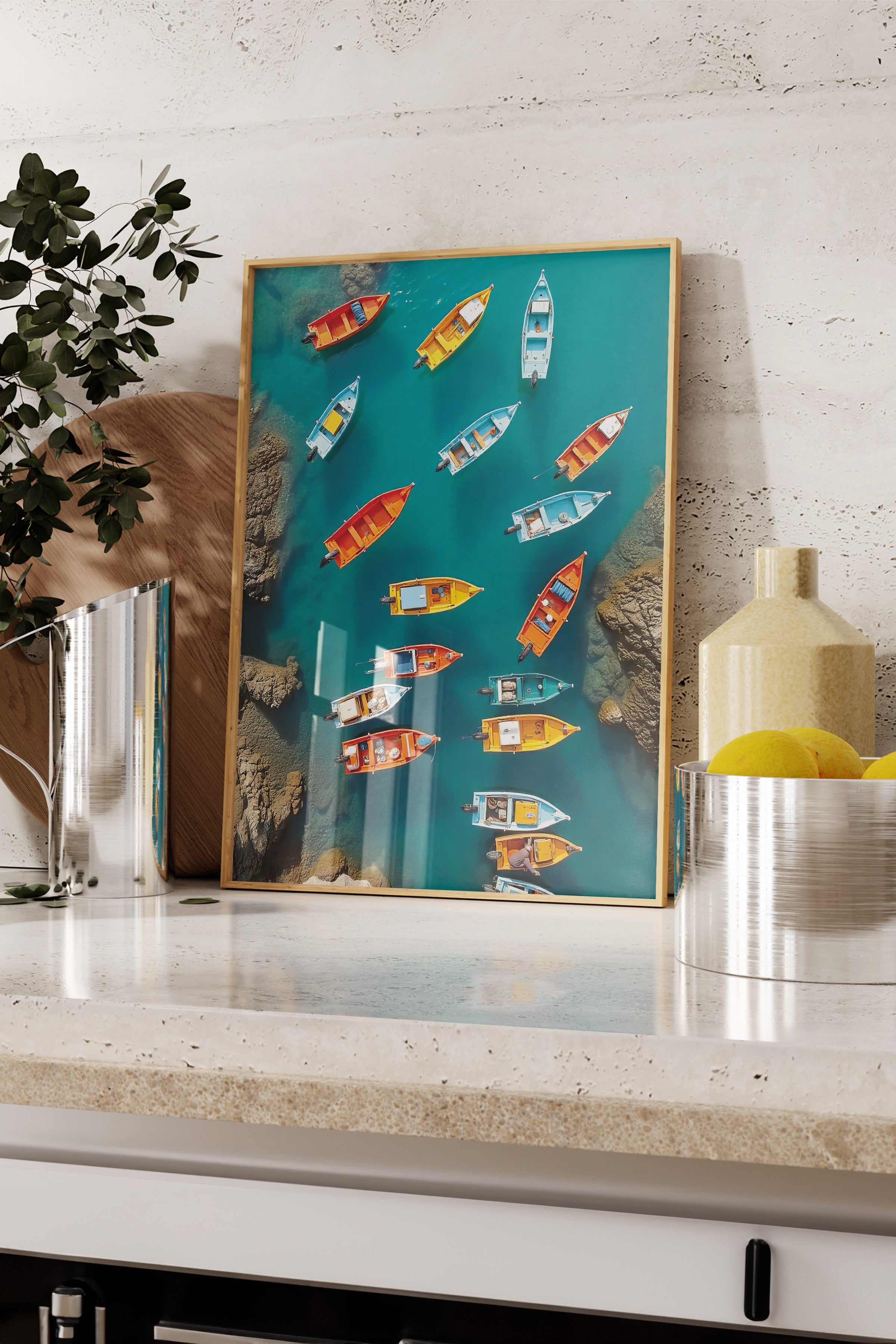 Ahşap Çerçeveli Poster Tablo, Renkli Sandallar, Fotoğraf, Maximalist, Mavi Renk Poster, 2025 Yaz Seçkisi, NO:109496