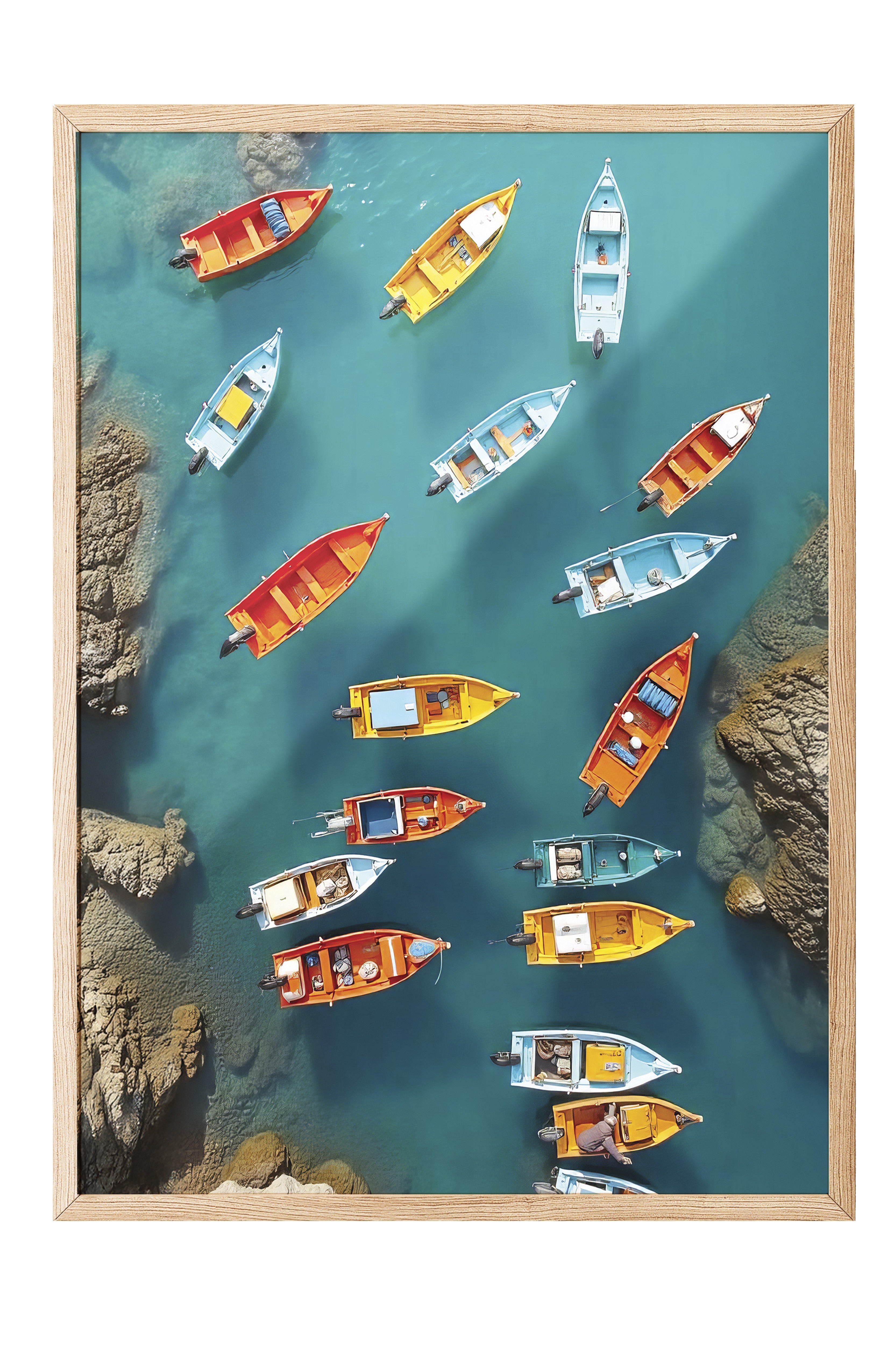 Ahşap Çerçeveli Poster Tablo, Renkli Sandallar, Fotoğraf, Maximalist, Mavi Renk Poster, 2025 Yaz Seçkisi, NO:109496