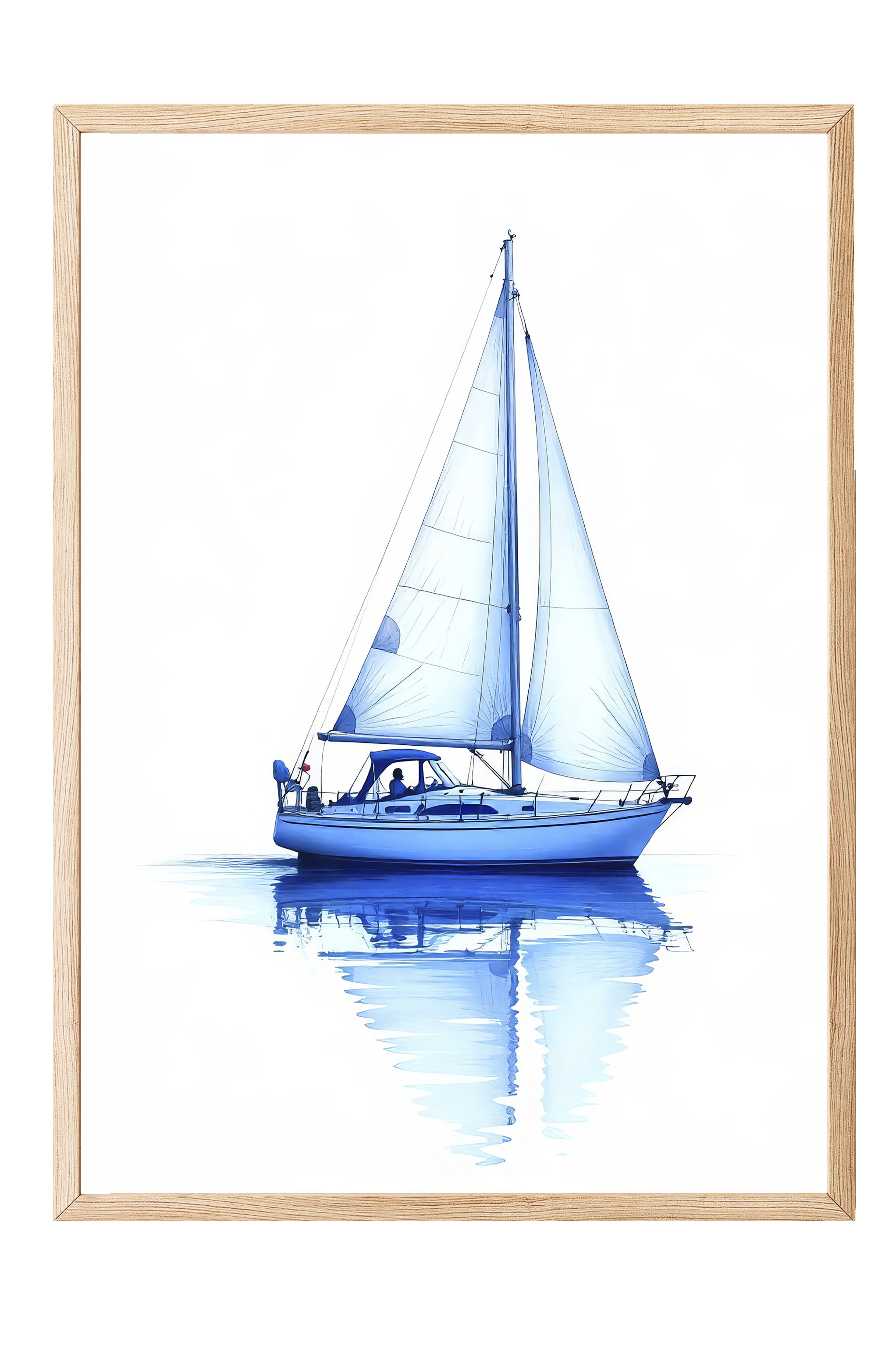 Ahşap Çerçeveli Poster, Yelkenli, Yağlı Boya, Mavi Renk Poster, 2025 Yaz Seçkisi, NO:109663