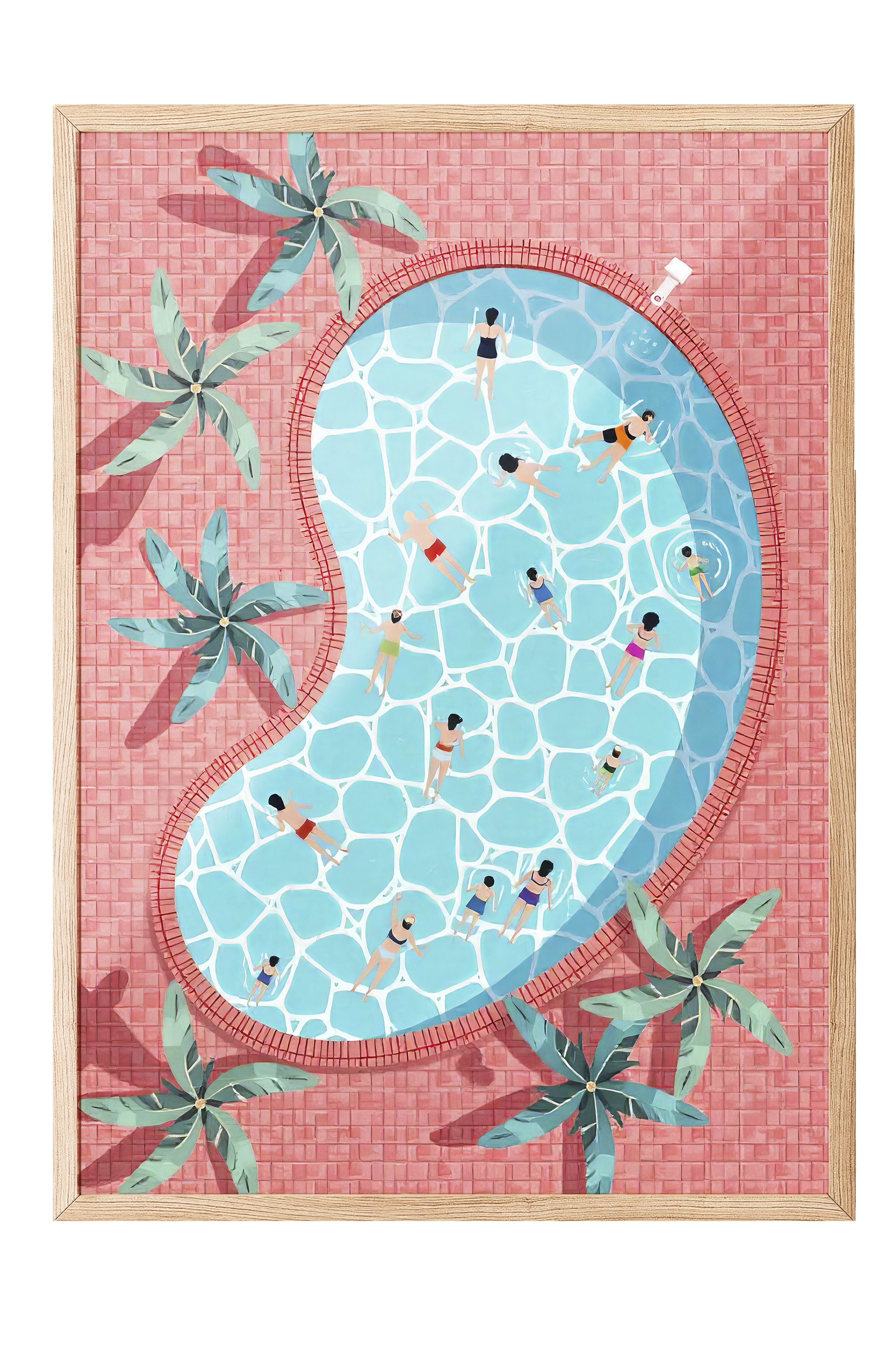 Ahşap Çerçeveli Poster, Zengin Havuz, İllüstrasyon, Maximalist, Pembe Renk Poster, 2025 Yaz Seçkisi, NO:109583