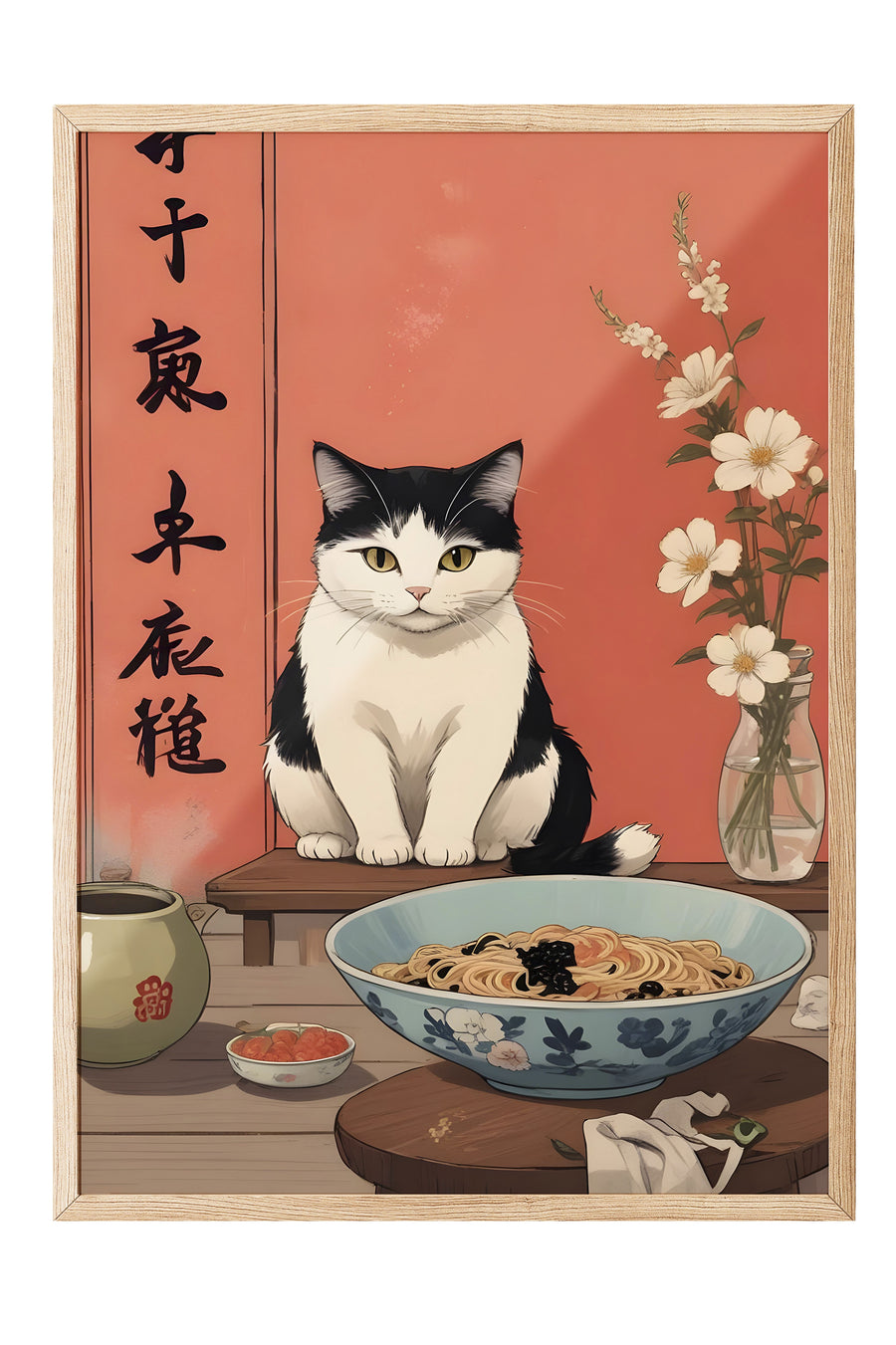 Kedi ve Ramen Sahnesi Poster – Ahşap Çerçeveli Tablo