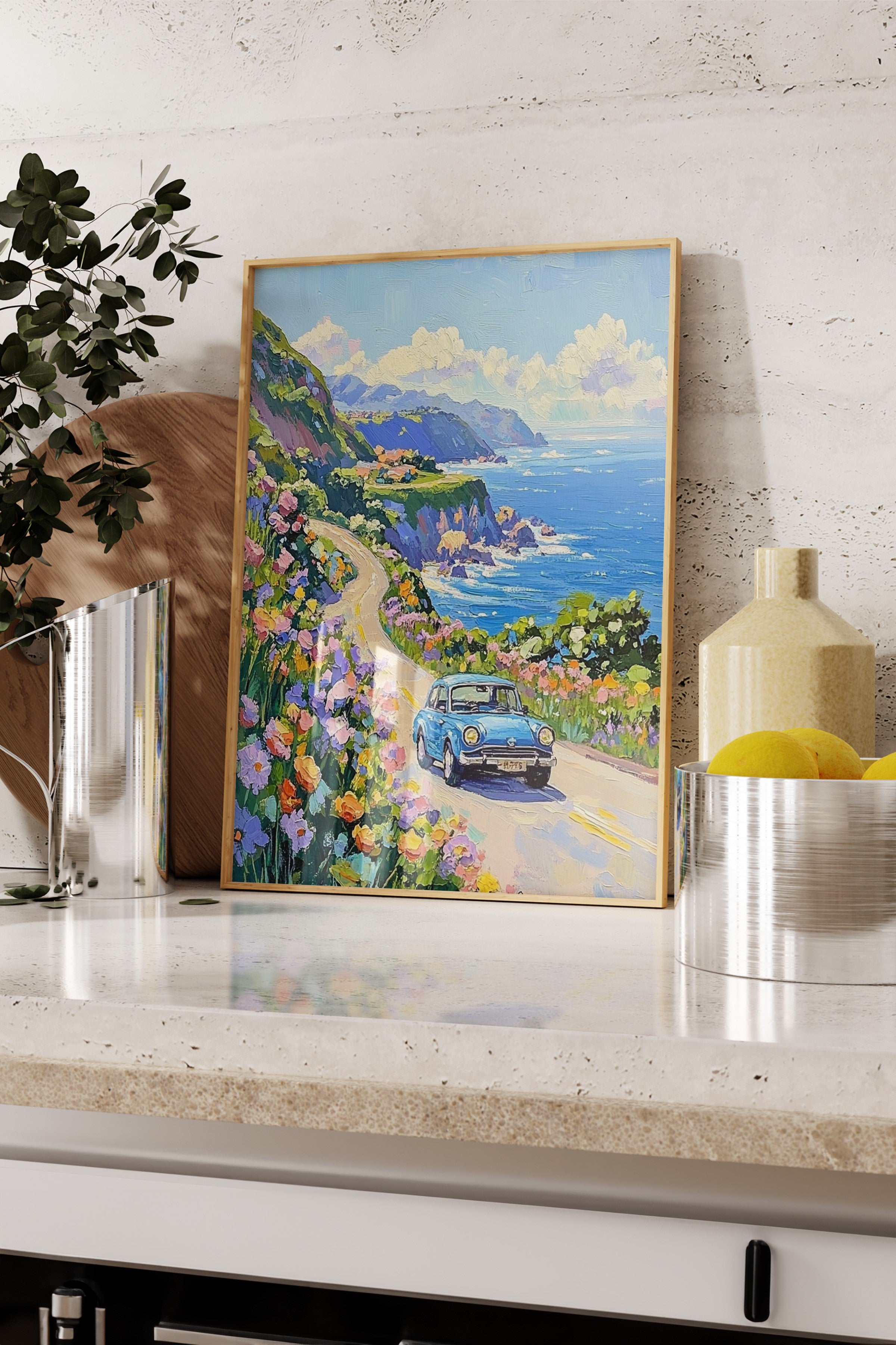 Ahşap Çerçeveli Tablo, Araba, Çiçek, Yol, İzlenimci, Mavi, Pastel Tonlar Renk Poster, 2025 Yaz Seçkisi, NO:109812