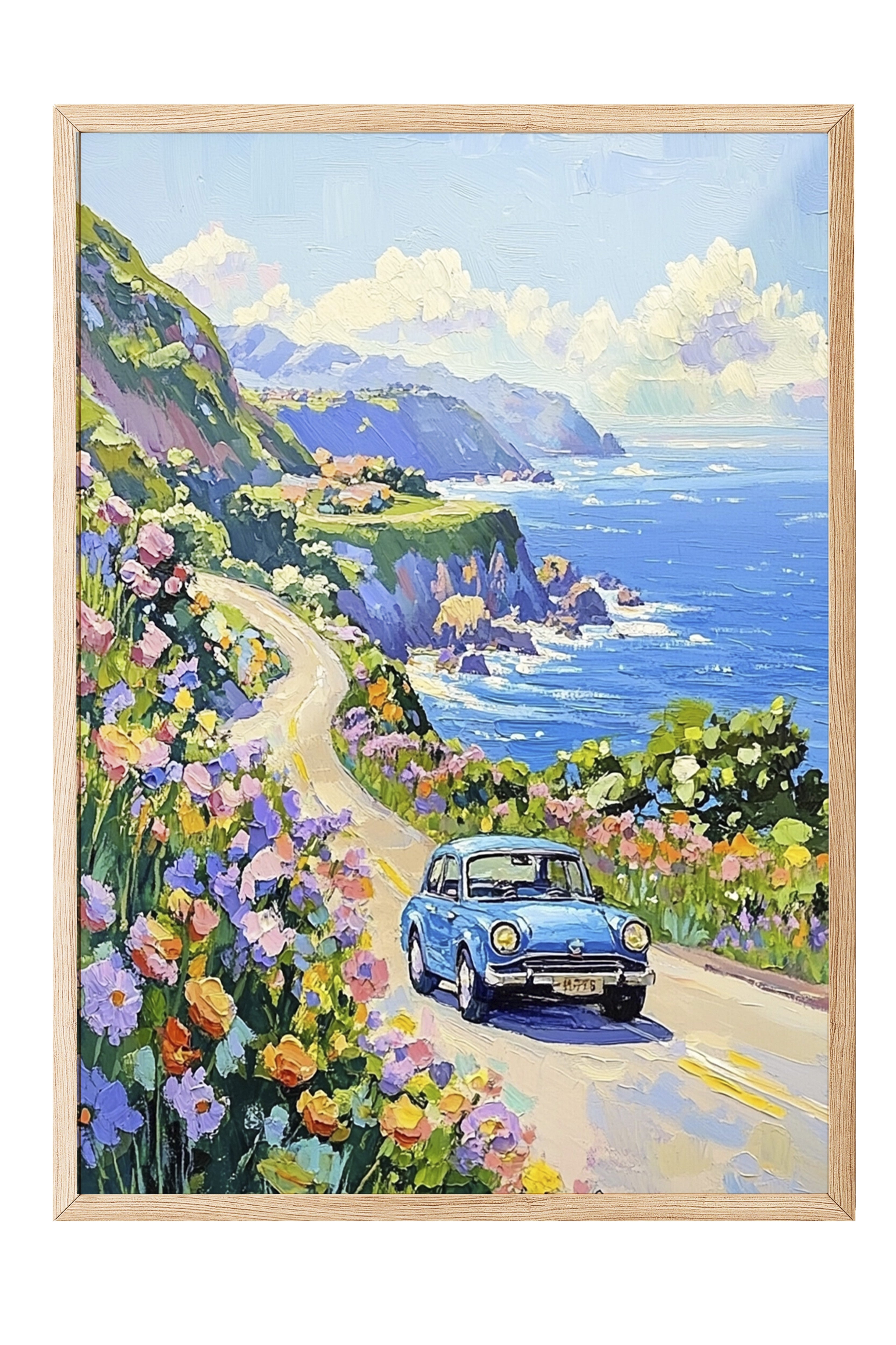 Ahşap Çerçeveli Tablo, Araba, Çiçek, Yol, İzlenimci, Mavi, Pastel Tonlar Renk Poster, 2025 Yaz Seçkisi, NO:109812