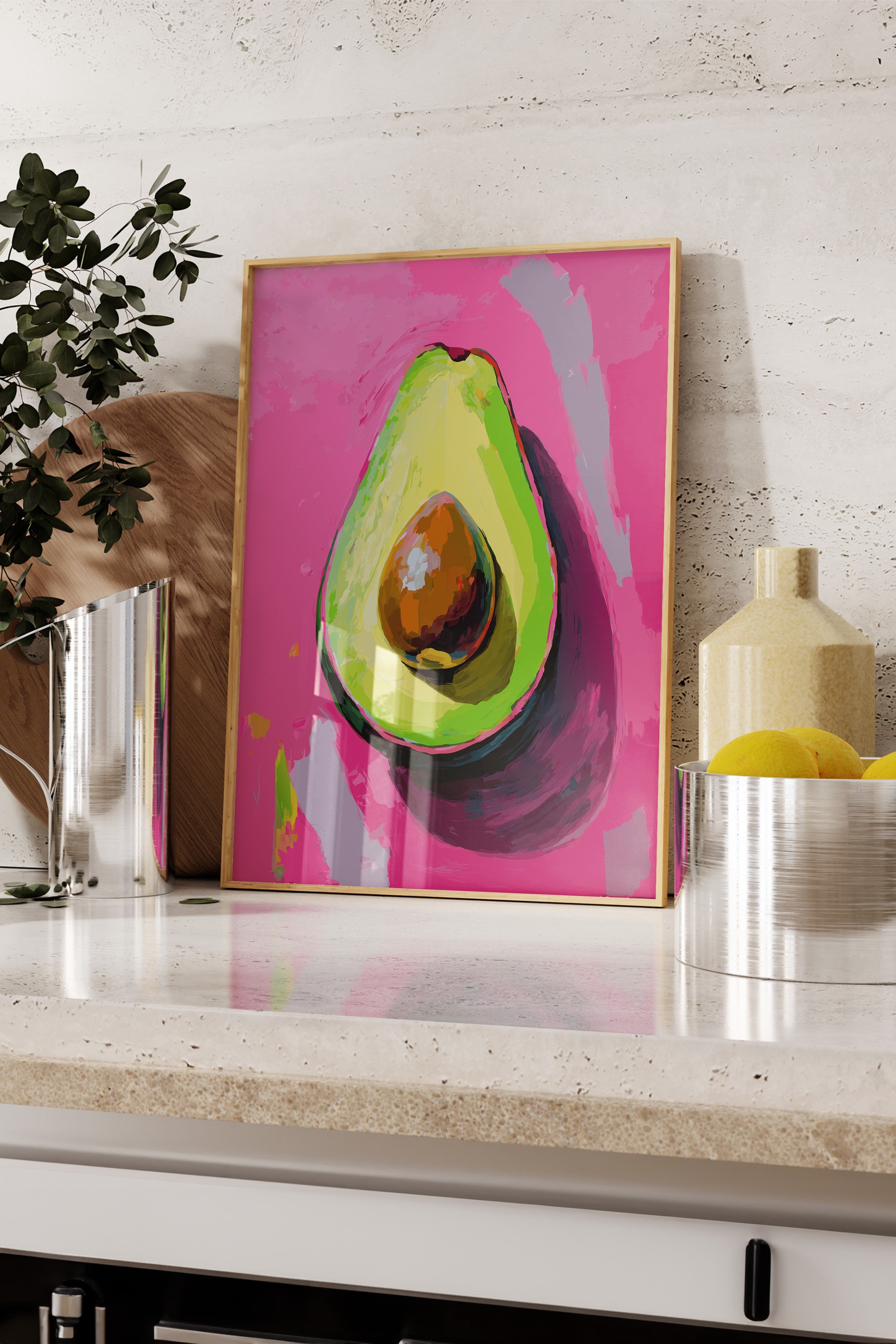 Ahşap Çerçeveli Tablo, Avokado, illüstrasyon, Pop Art, Pembe, Yeşil Renk Poster, 2025 Yaz Seçkisi, NO:109866