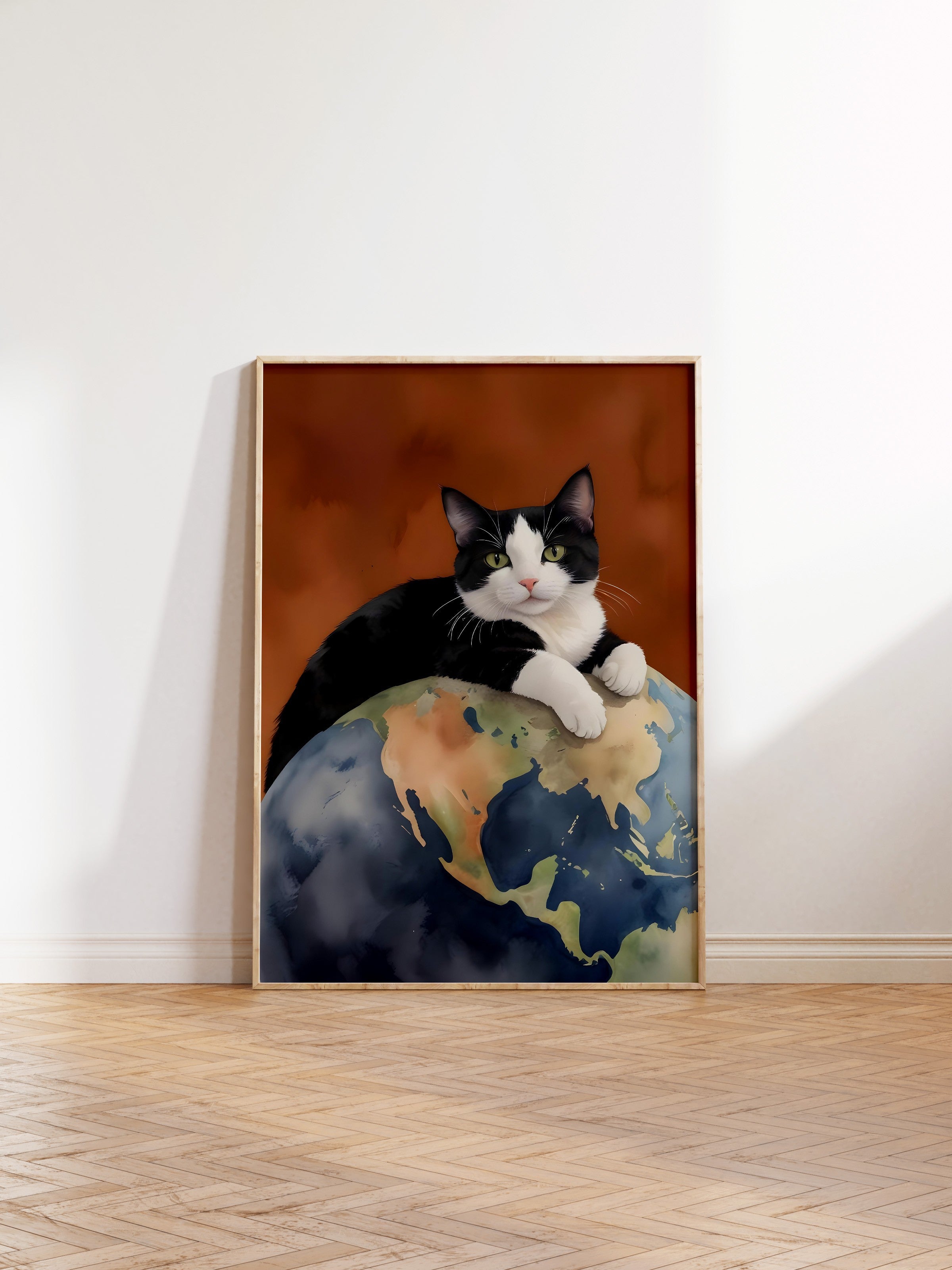 Ahşap Çerçeveli Tablo, Black Cat on World, Comfort Serisi Poster ve  Ahşap Tablo, NO:108964