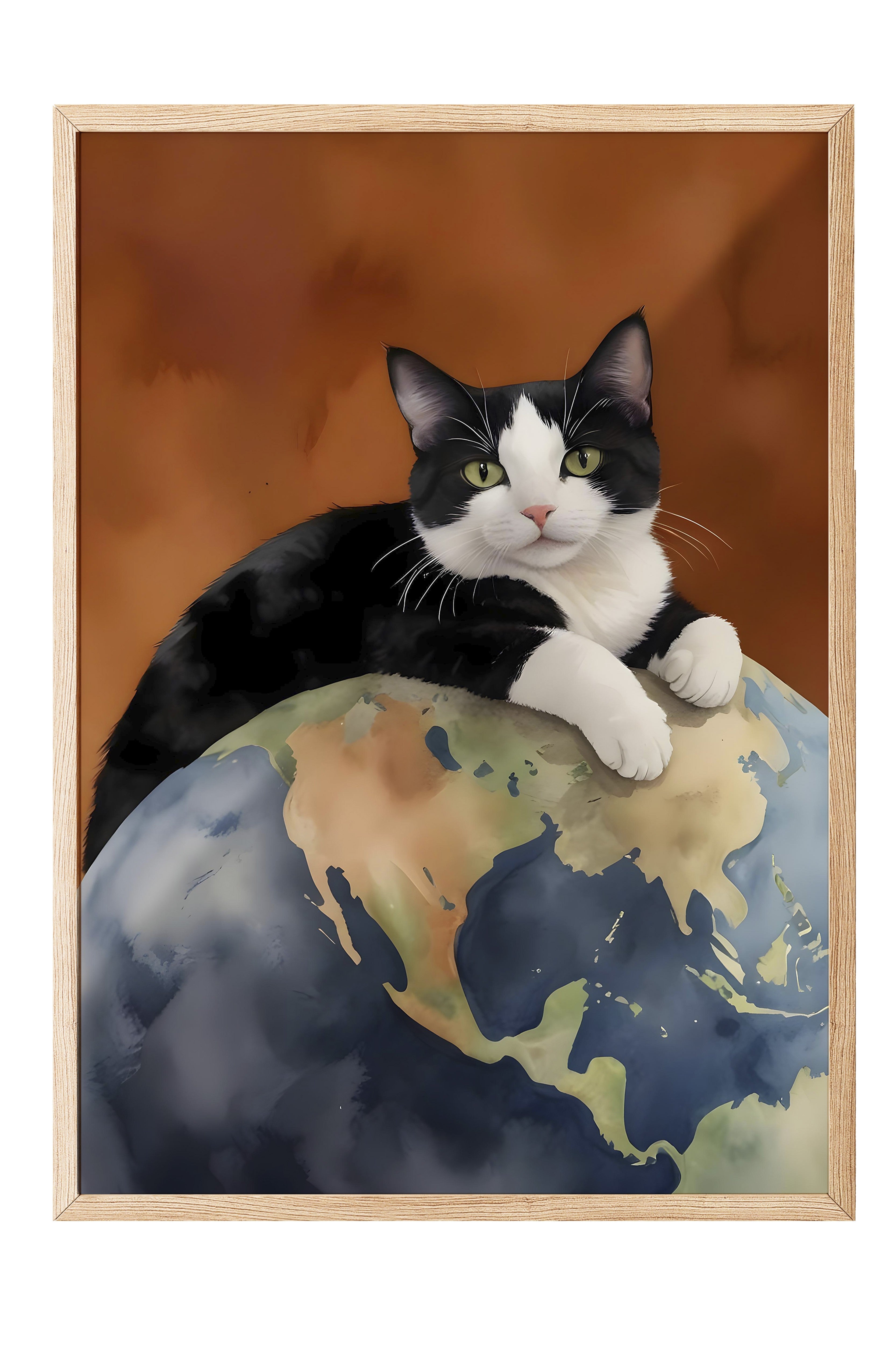 Ahşap Çerçeveli Tablo, Black Cat on World, Comfort Serisi Poster ve  Ahşap Tablo, NO:108964