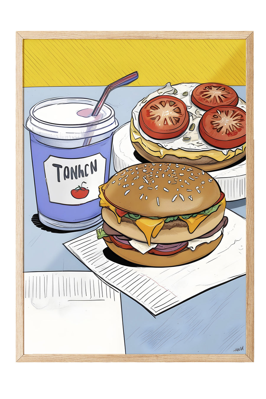 Burger ve İçecek Çizimi Poster – Ahşap Çerçeveli Tablo