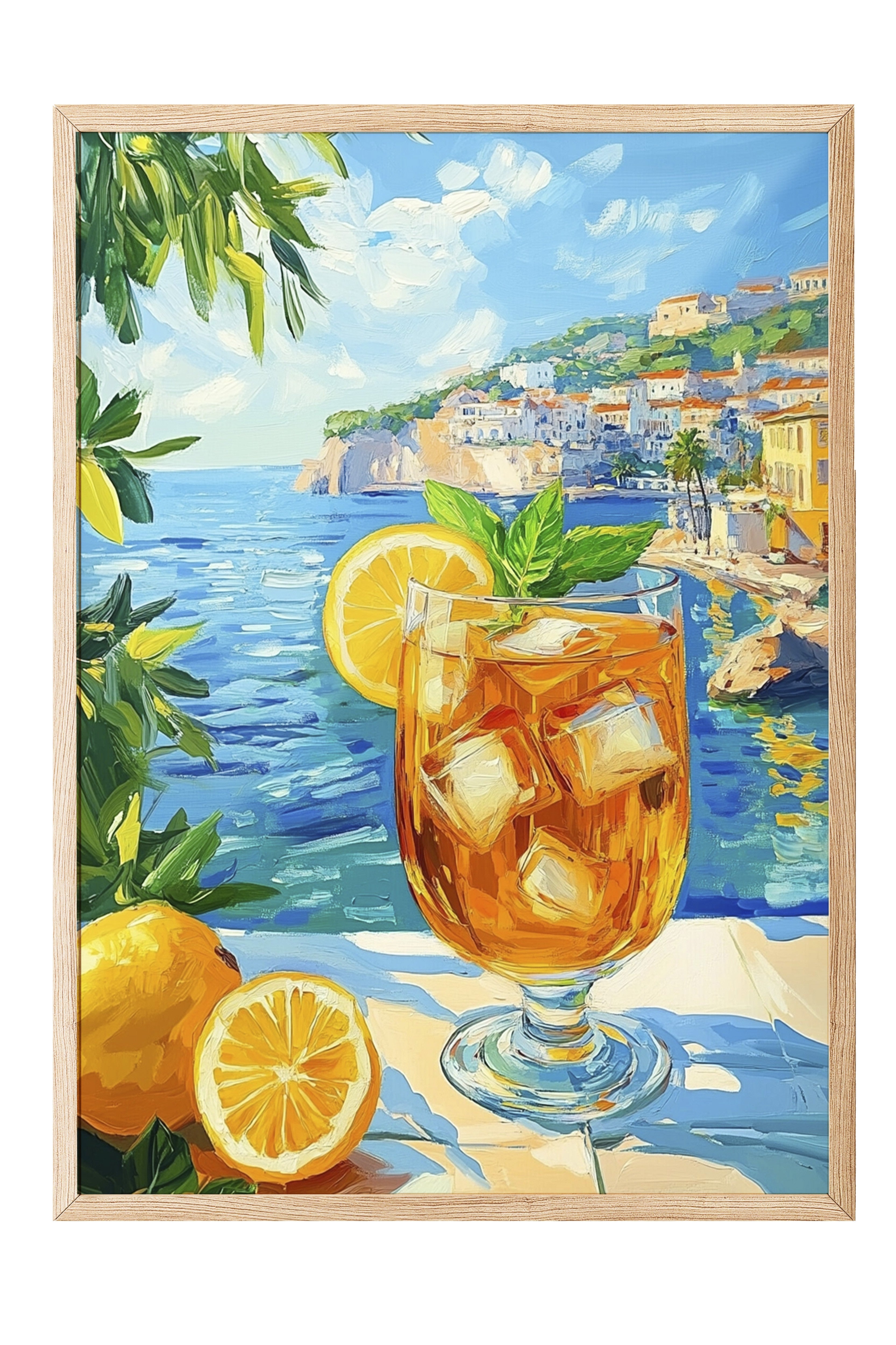 Ahşap Çerçeveli Tablo, Cam, Limon, Deniz, Empresyonist, Akrilik Resim, Mavi, Sarı Renk Poster, 2025 Yaz Seçkisi, NO:109799