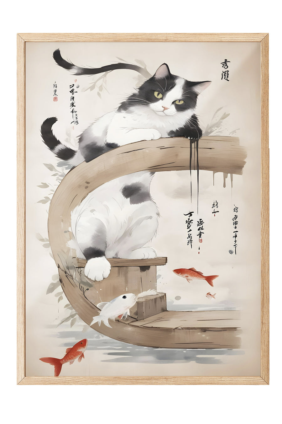 Kedi ve Japon Balıkları Poster – Ahşap Çerçeveli Tablo