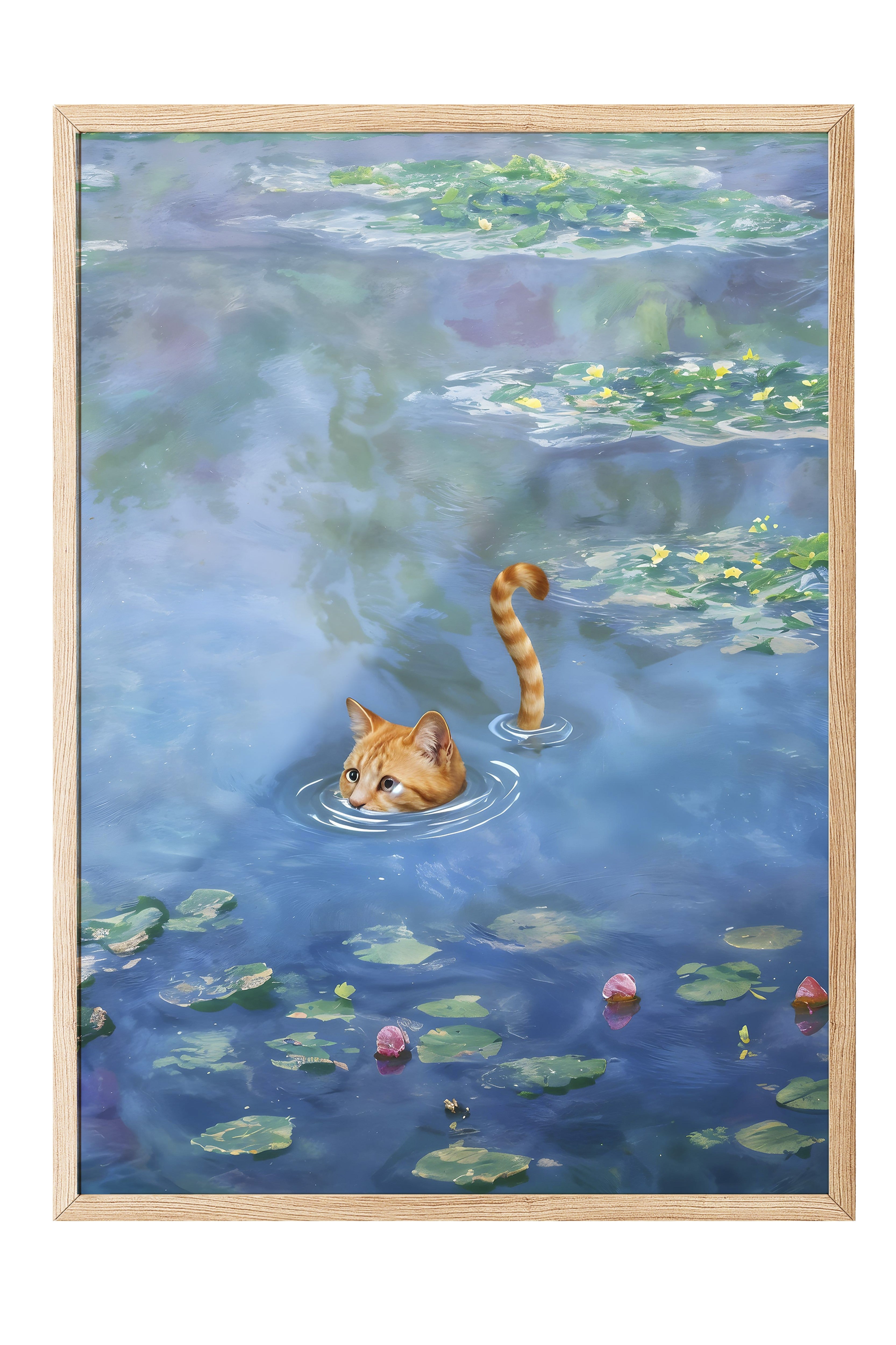 Ahşap Çerçeveli Tablo, Cat Print Monet Waterlily - 1, Comfort Serisi Mutfak Ahşap Tablo, NO:108966