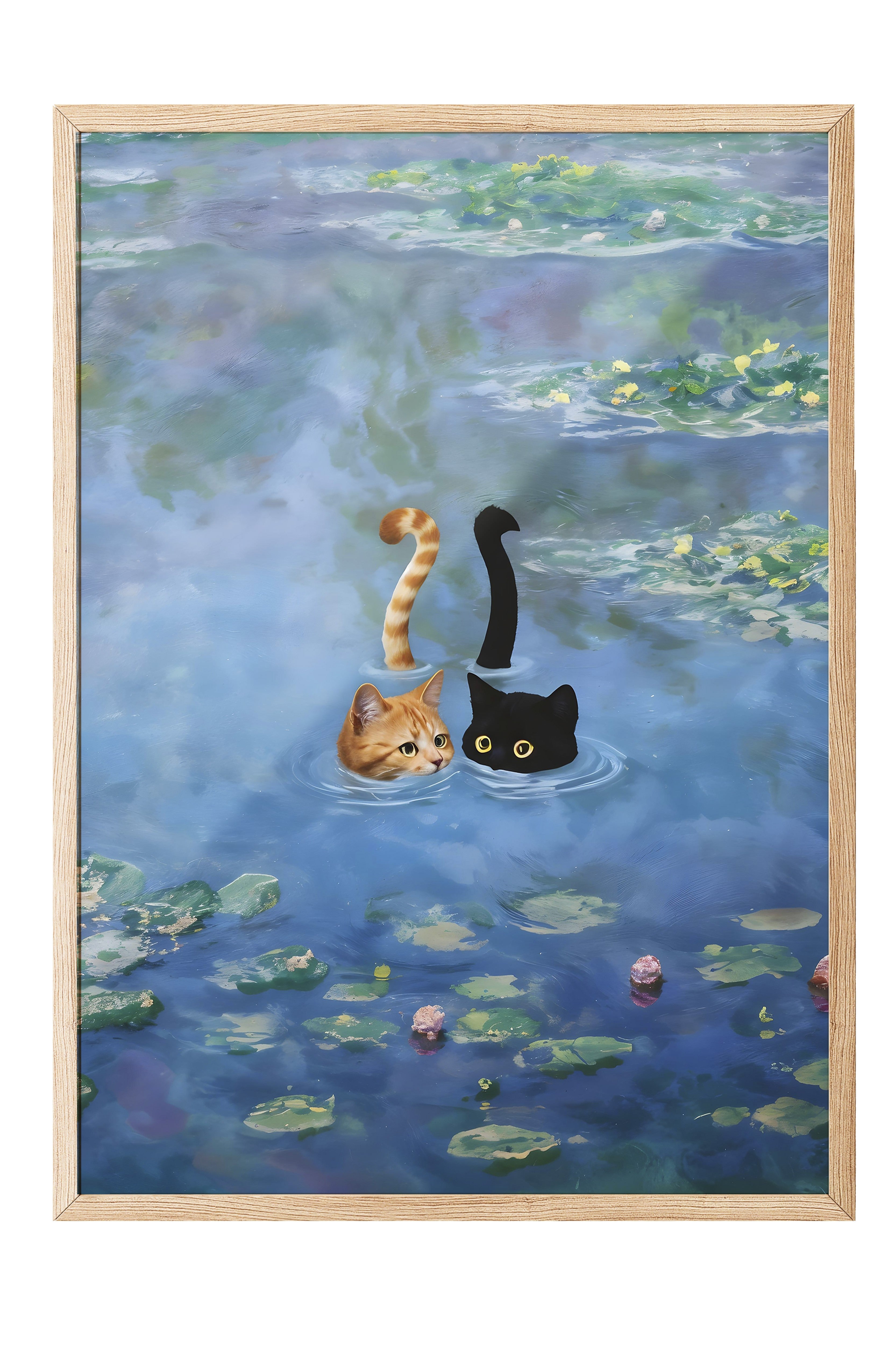 Ahşap Çerçeveli Tablo, Cat Print Monet Waterlily - 3, Comfort Serisi Mutfak Ahşap Tablo, NO:108968