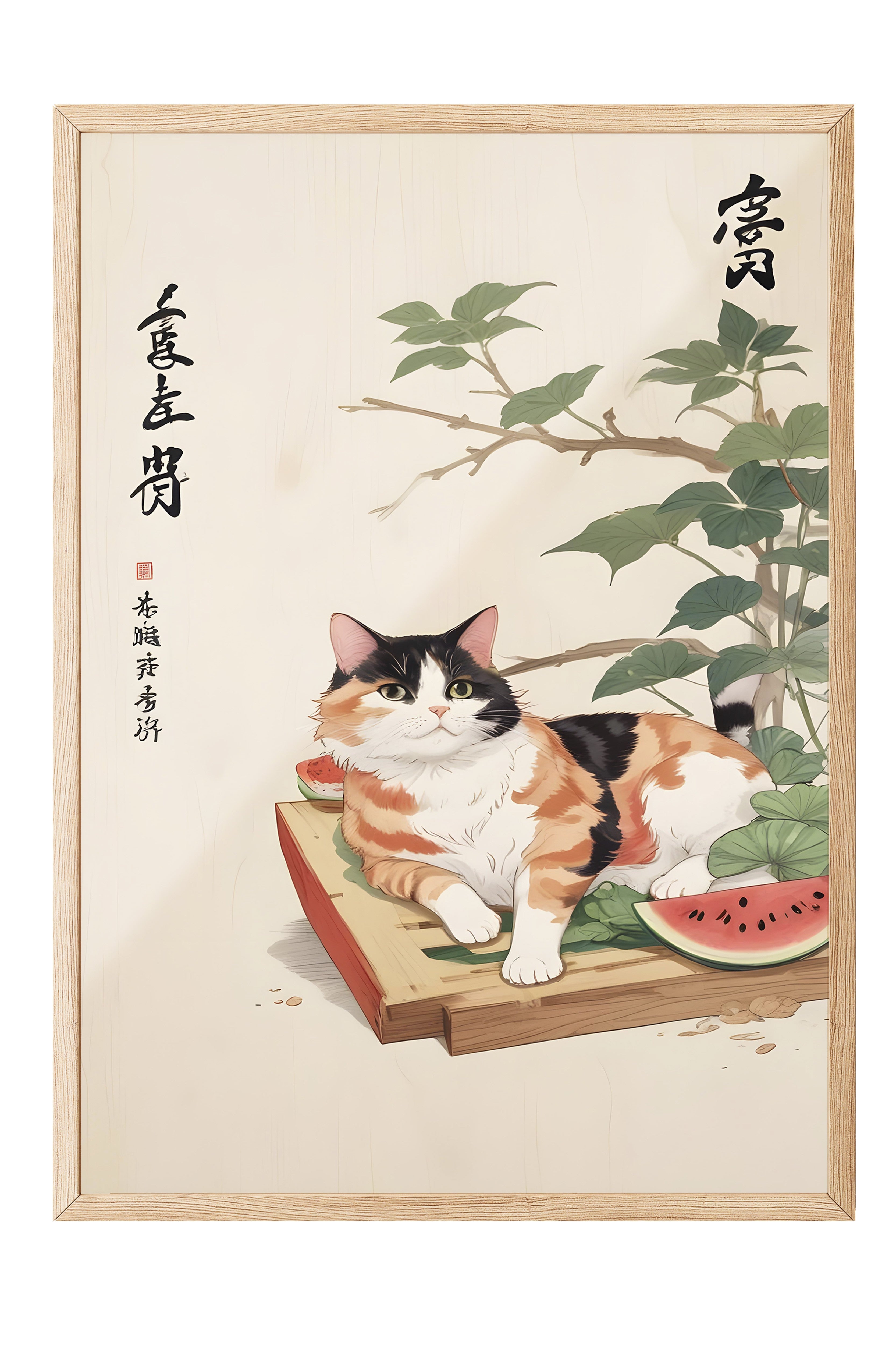 Ahşap Çerçeveli Tablo, Cat Sleeping With Watermelon, Comfort Serisi Mutfak Ahşap Tablo, NO:109164