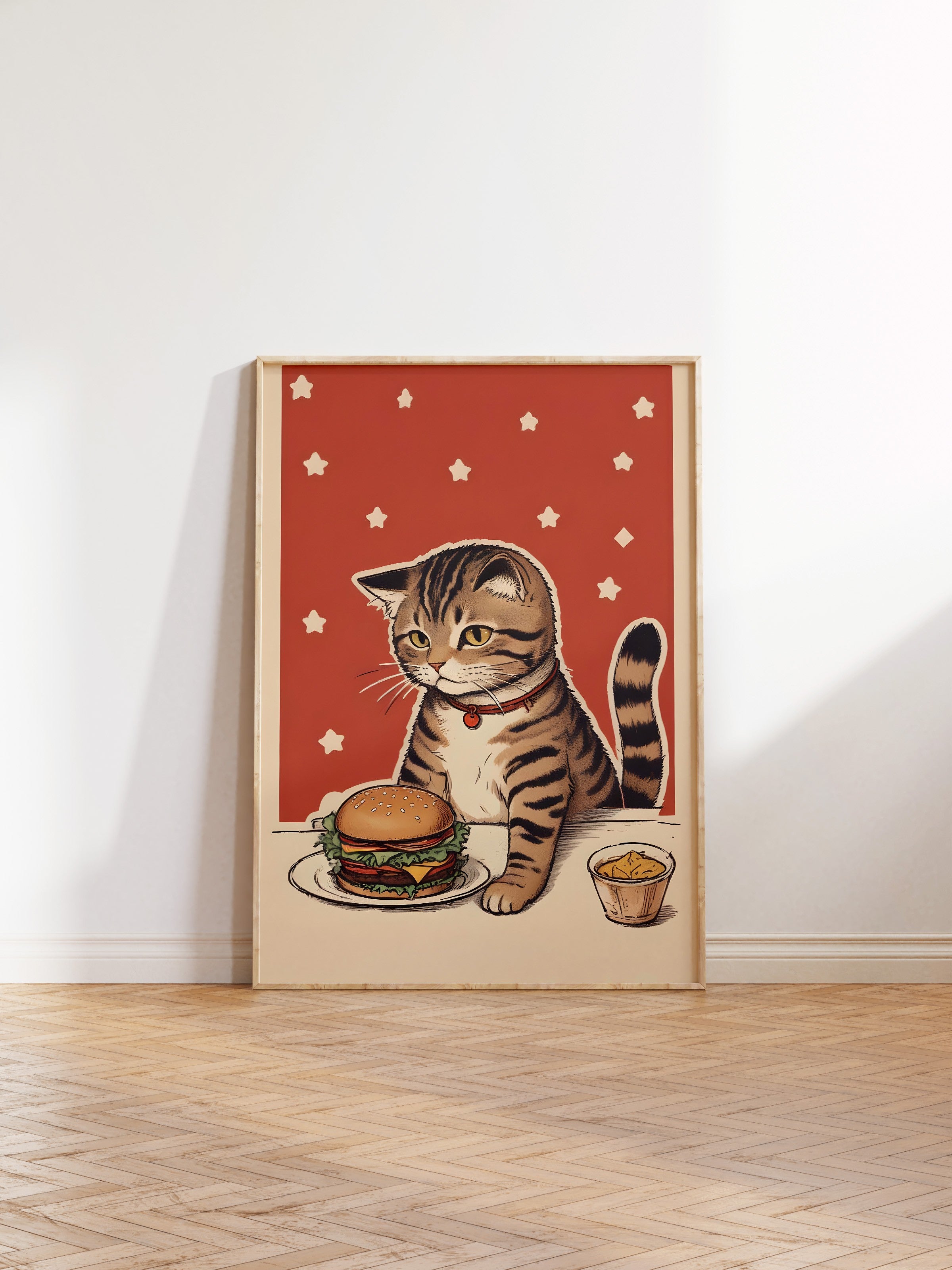 Ahşap Çerçeveli Tablo, Cat With A Burger, Comfort Serisi Mutfak Ahşap Tablo, NO:109086