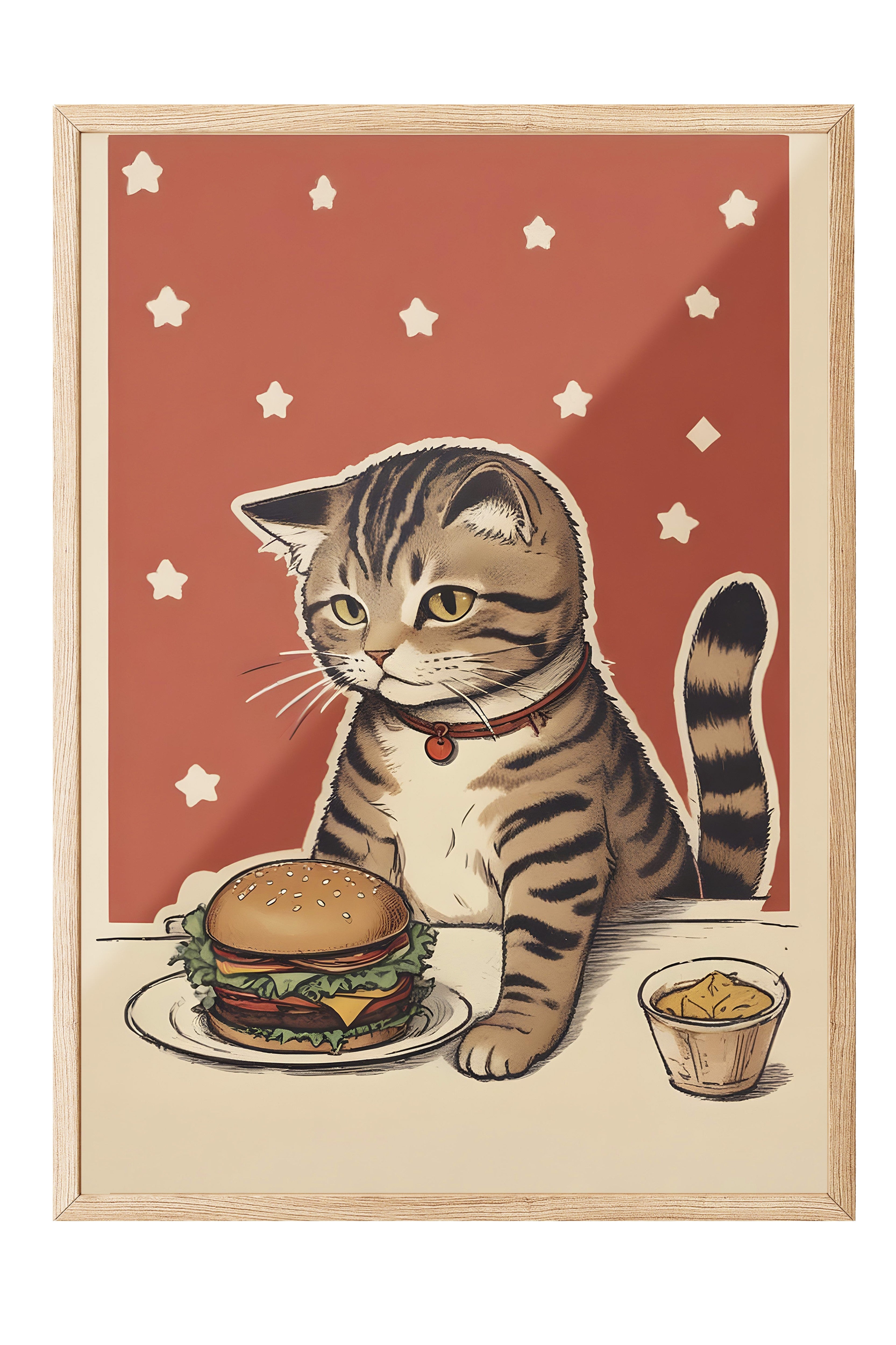 Ahşap Çerçeveli Tablo, Cat With A Burger, Comfort Serisi Mutfak Ahşap Tablo, NO:109086