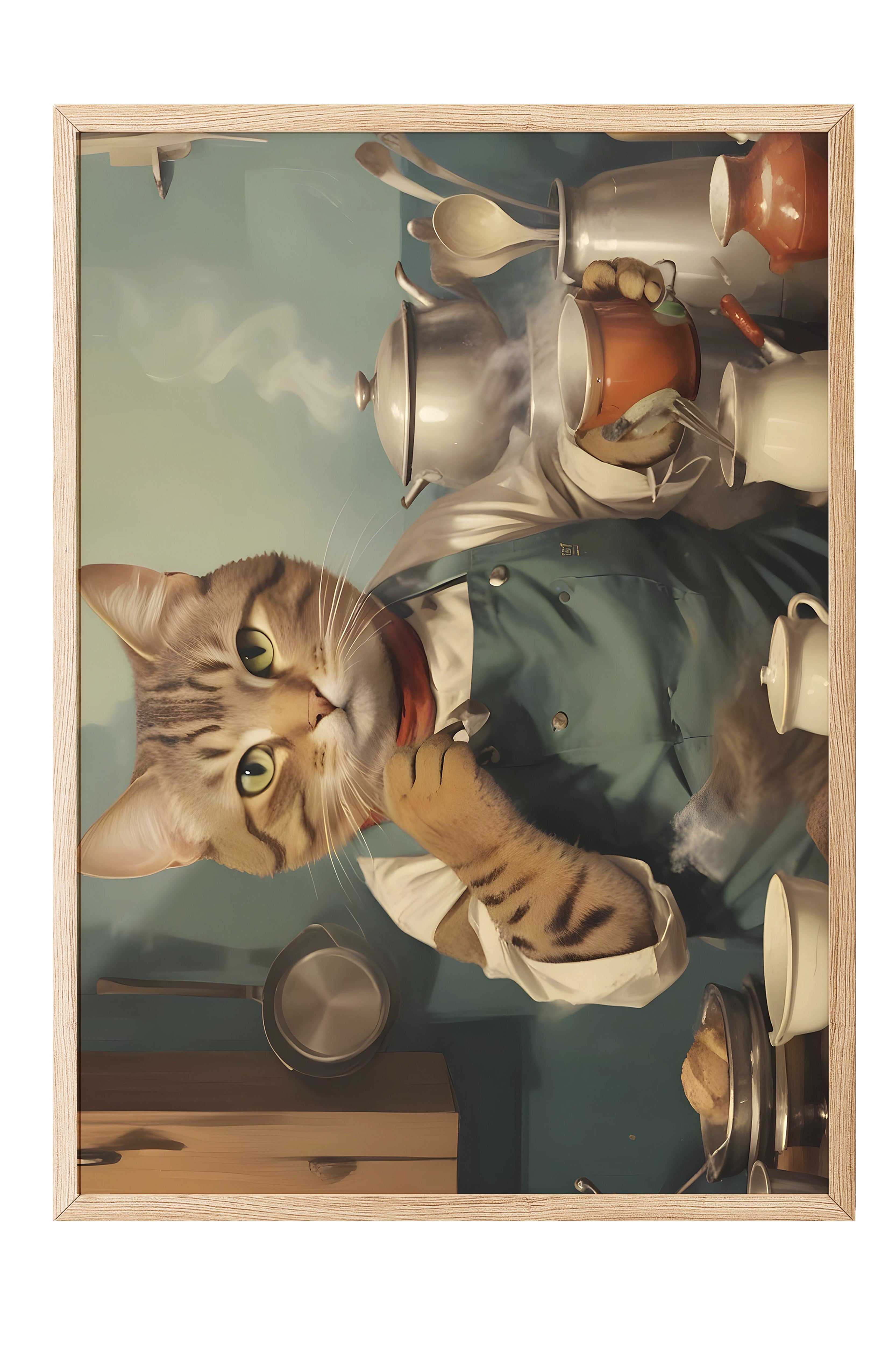 Ahşap Çerçeveli Tablo, Coffee Station Cat, Comfort Serisi Poster ve Ahşap Tablo, NO:108929