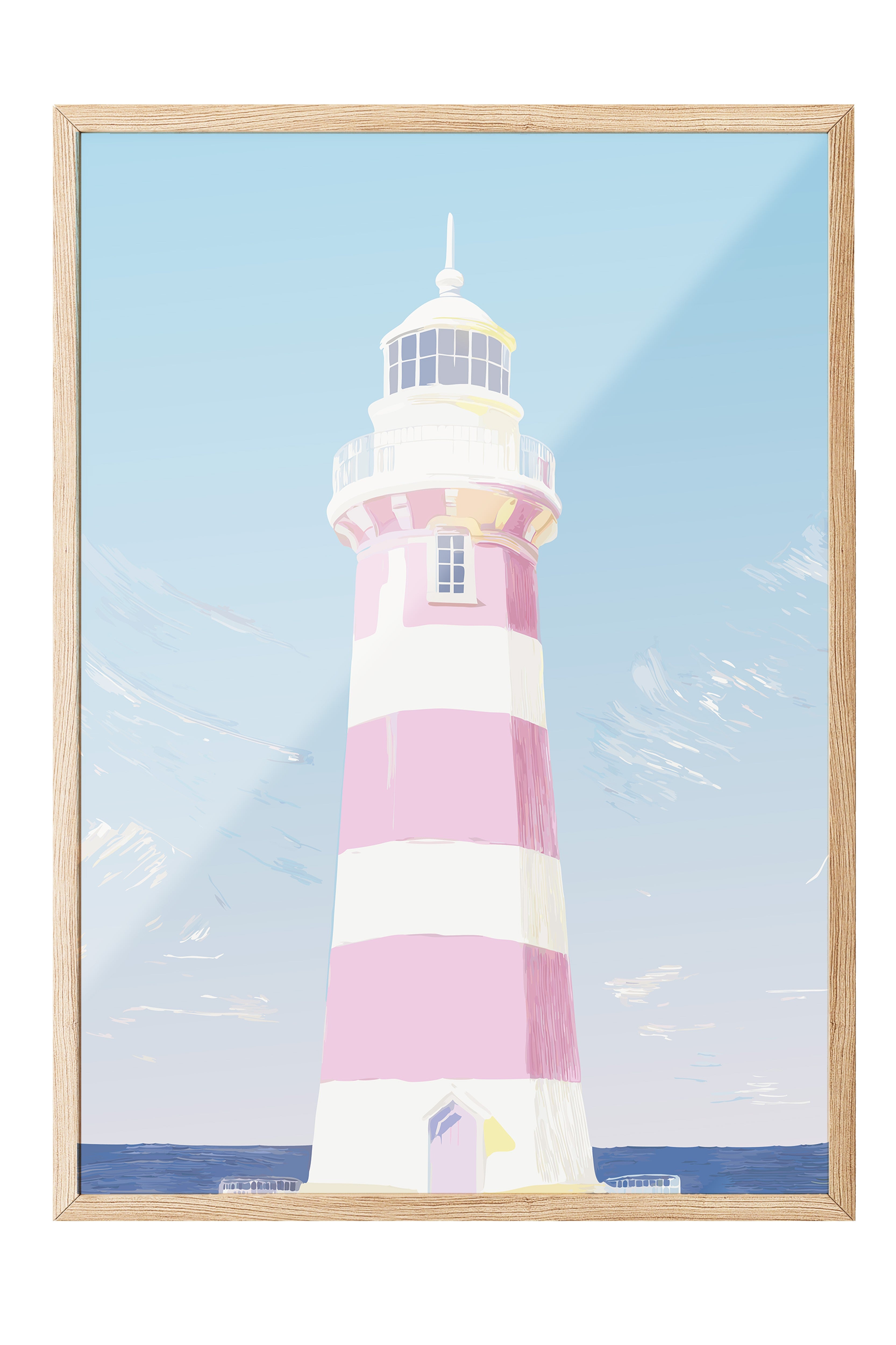 Ahşap Çerçeveli Tablo, Deniz feneri, illüstrasyon, Pastel Tonlar, Mavi Renk Poster, 2025 Yaz Seçkisi, NO:109862