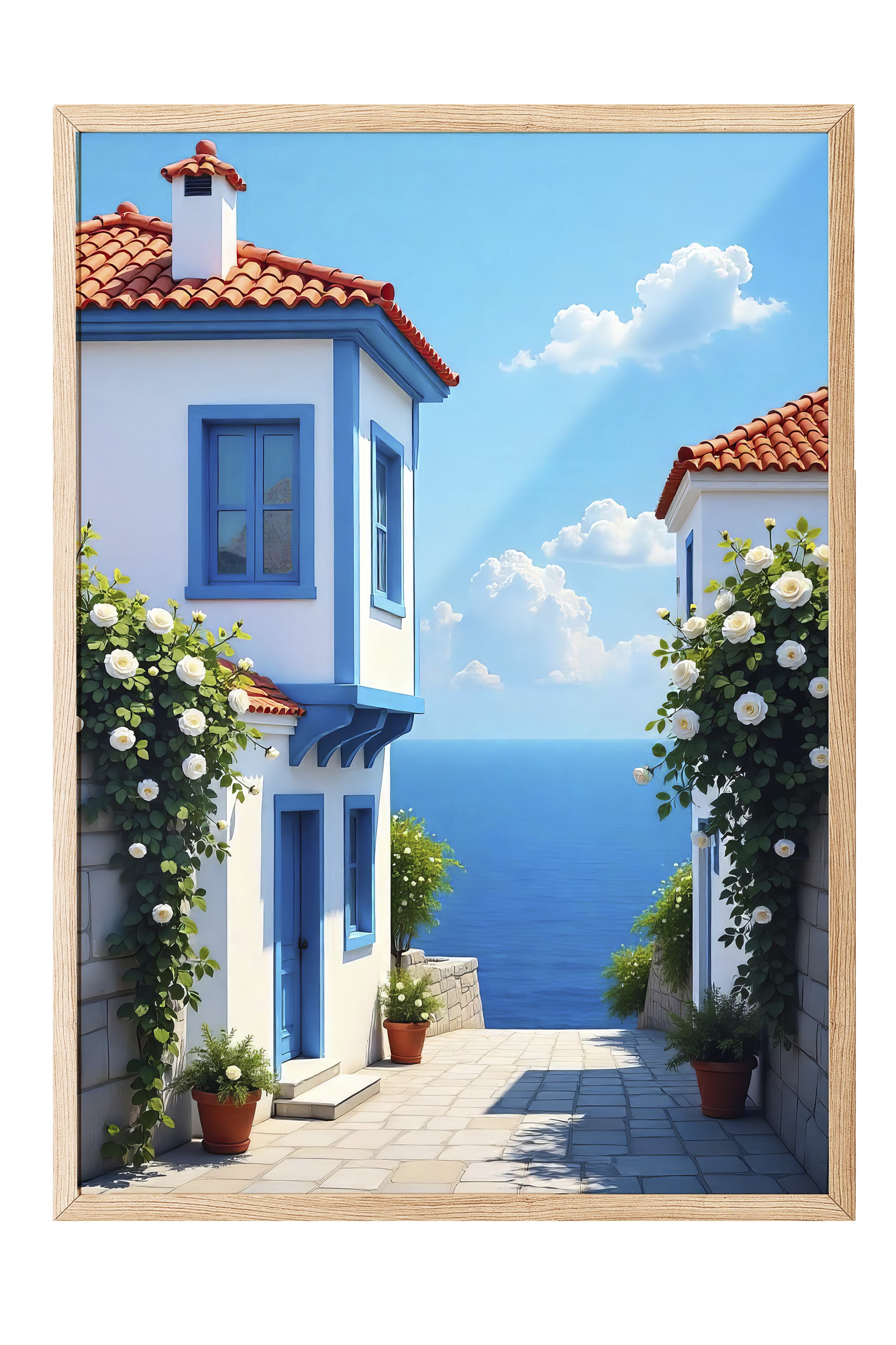 Ahşap Çerçeveli Tablo, Deniz Manzaralı Ev, Fotoğraf, Mavi Renk Poster, 2025 Yaz Seçkisi, NO:109705