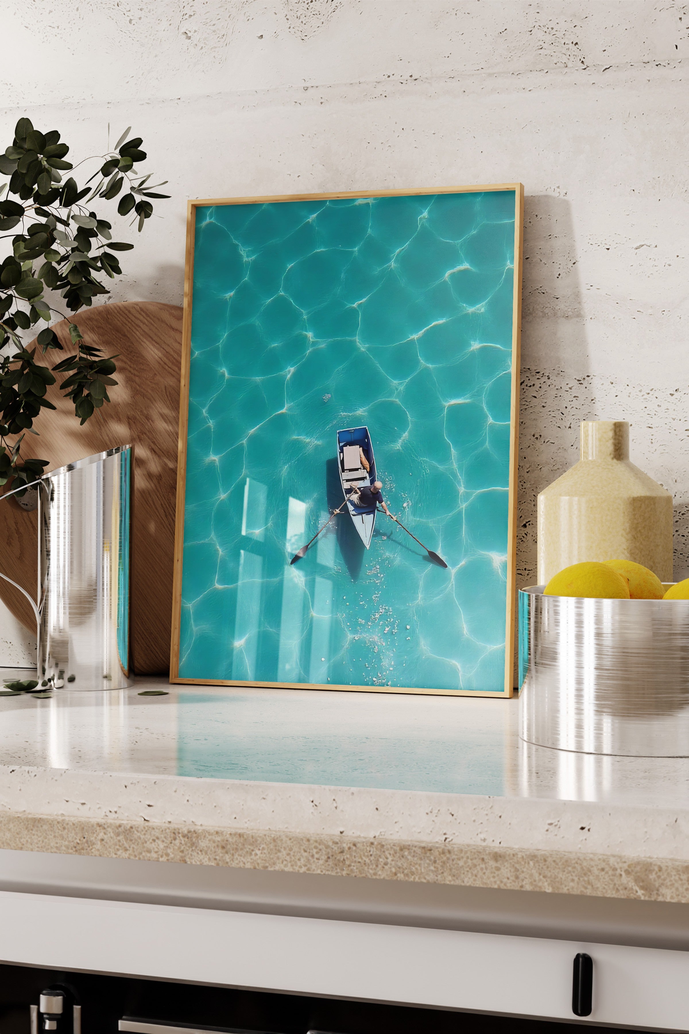 Ahşap Çerçeveli Tablo, Denizde Tekne, Fotoğraf, Mavi Renk Poster, 2025 Yaz Seçkisi, NO:109718