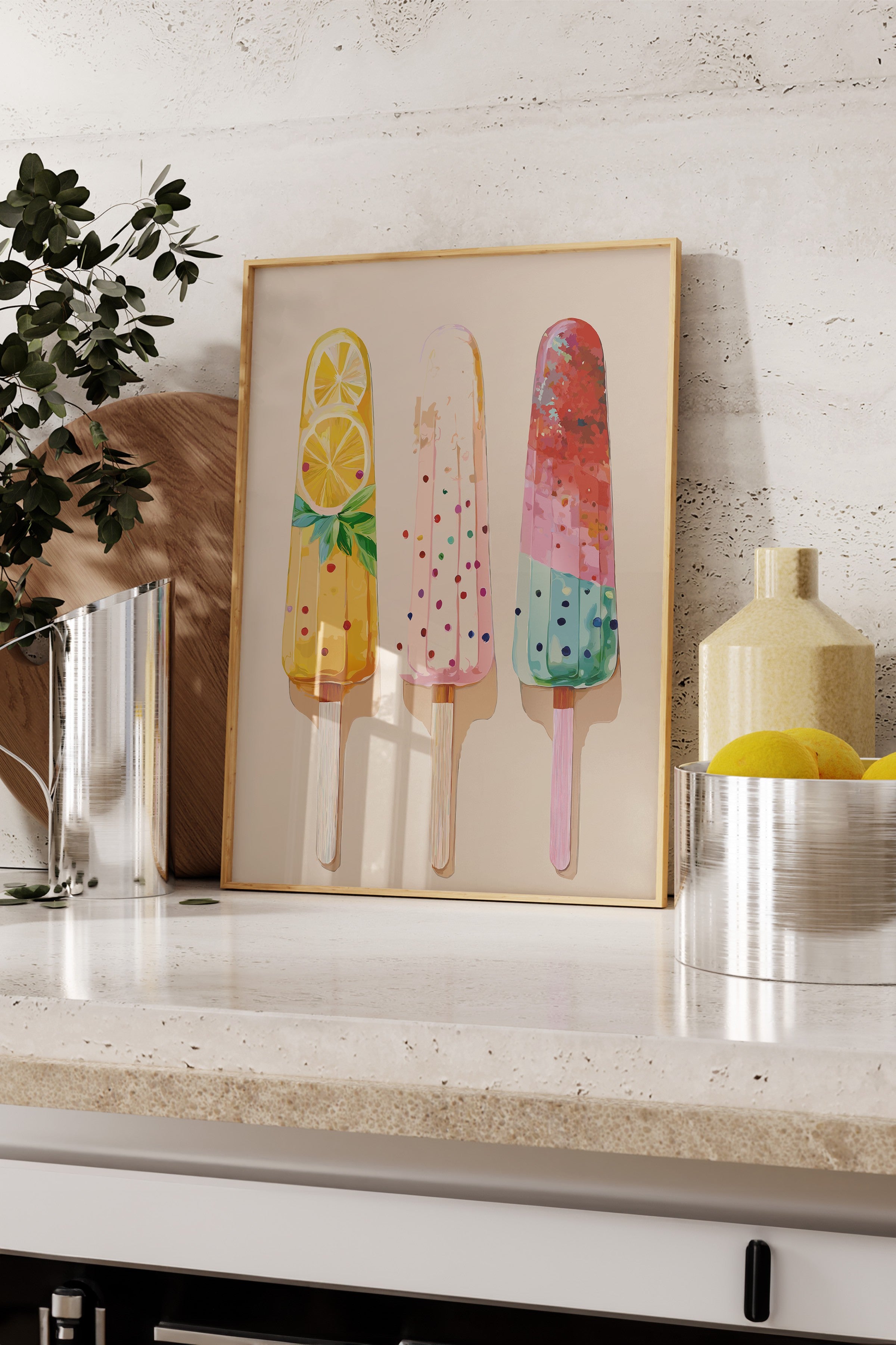 Ahşap Çerçeveli Tablo, Dondurma, Limon, illüstrasyon, Whimsical, Pastel Tonlar, Çok Renkli Renk Poster, 2025 Yaz Seçkisi, NO:109860