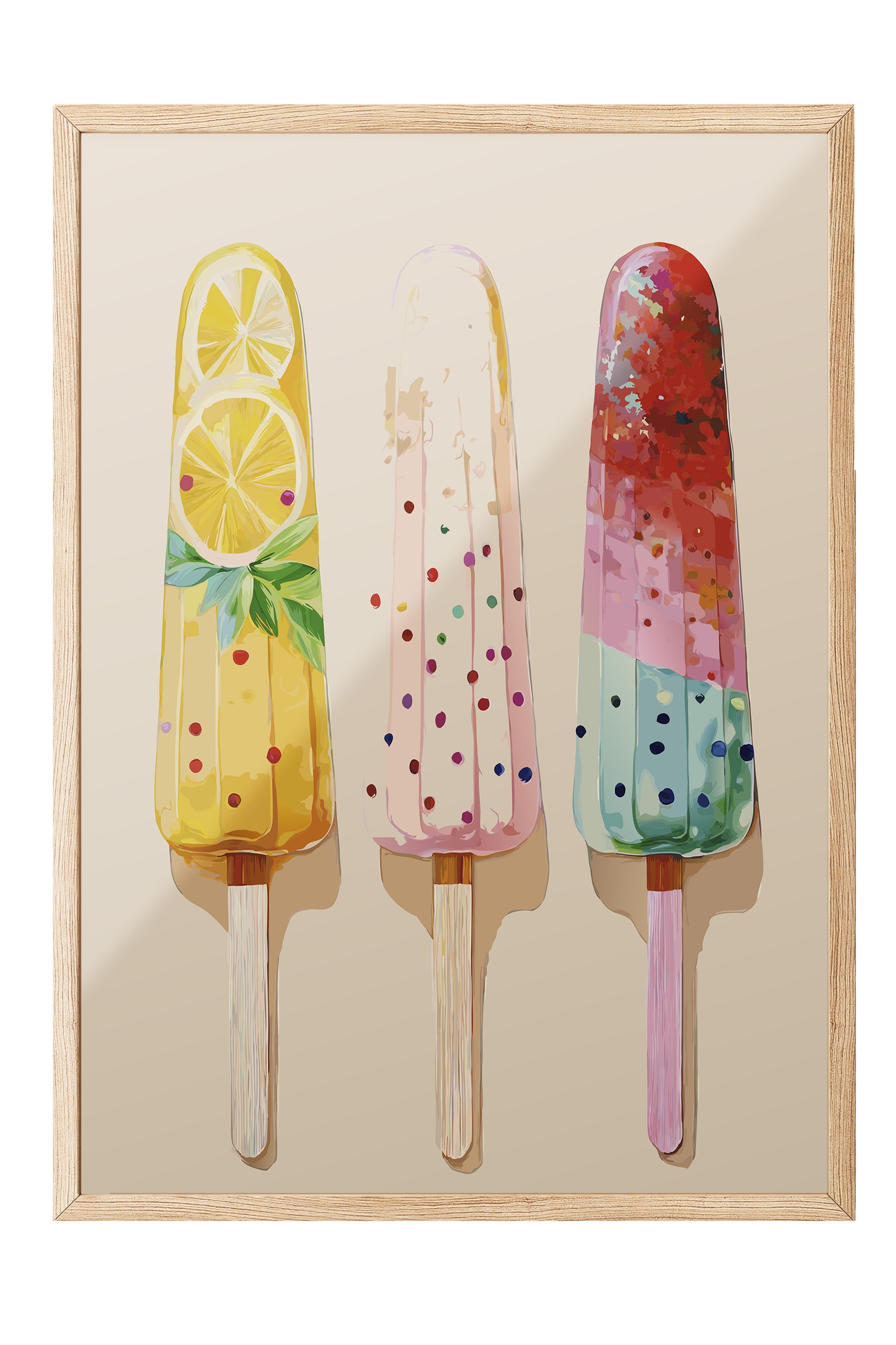 Ahşap Çerçeveli Tablo, Dondurma, Limon, illüstrasyon, Whimsical, Pastel Tonlar, Çok Renkli Renk Poster, 2025 Yaz Seçkisi, NO:109860