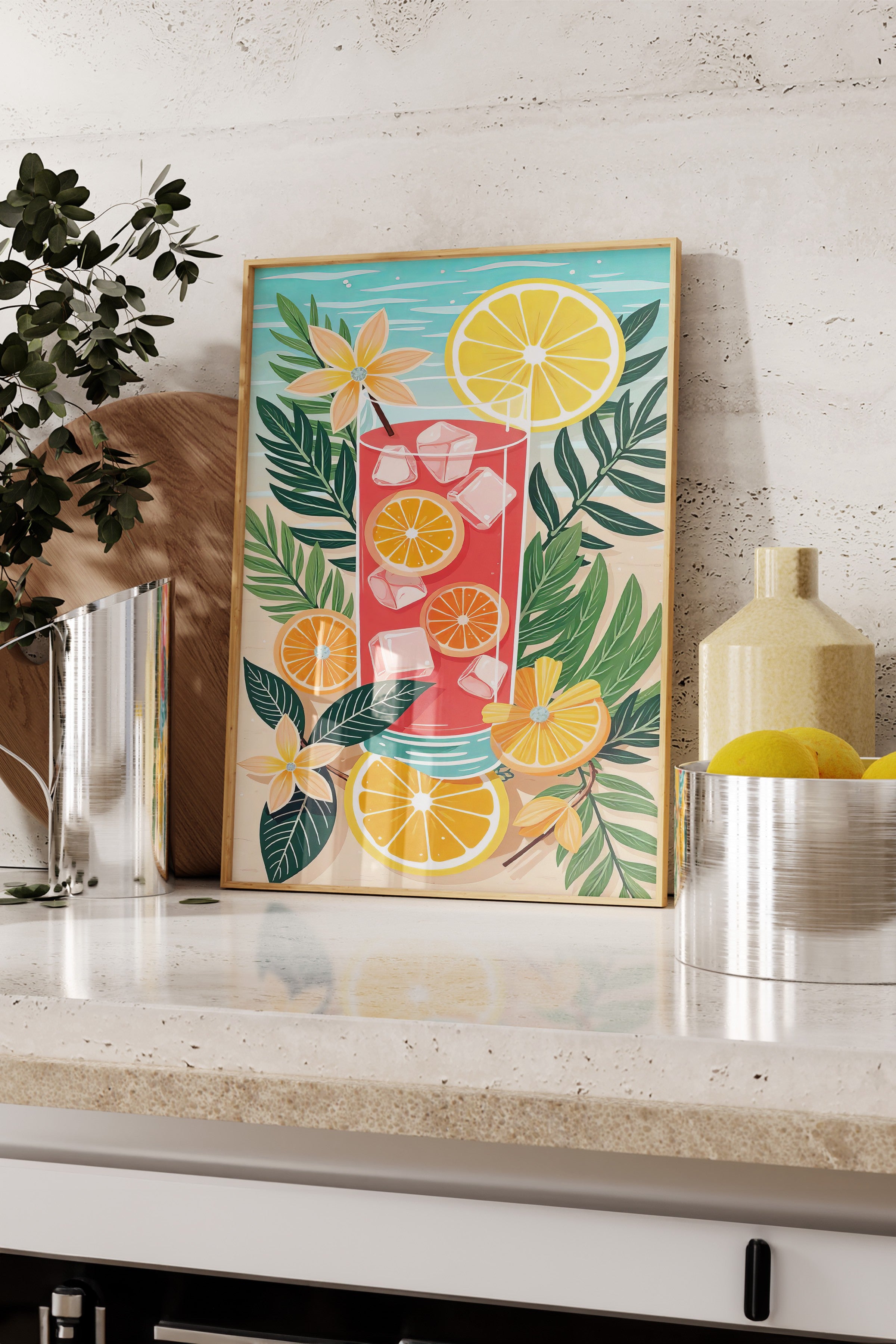 Ahşap Çerçeveli Tablo, Ferah Limonata, İllüstrasyon, Maximalist, Kırmızı Renk Poster, 2025 Yaz Seçkisi, NO:109784