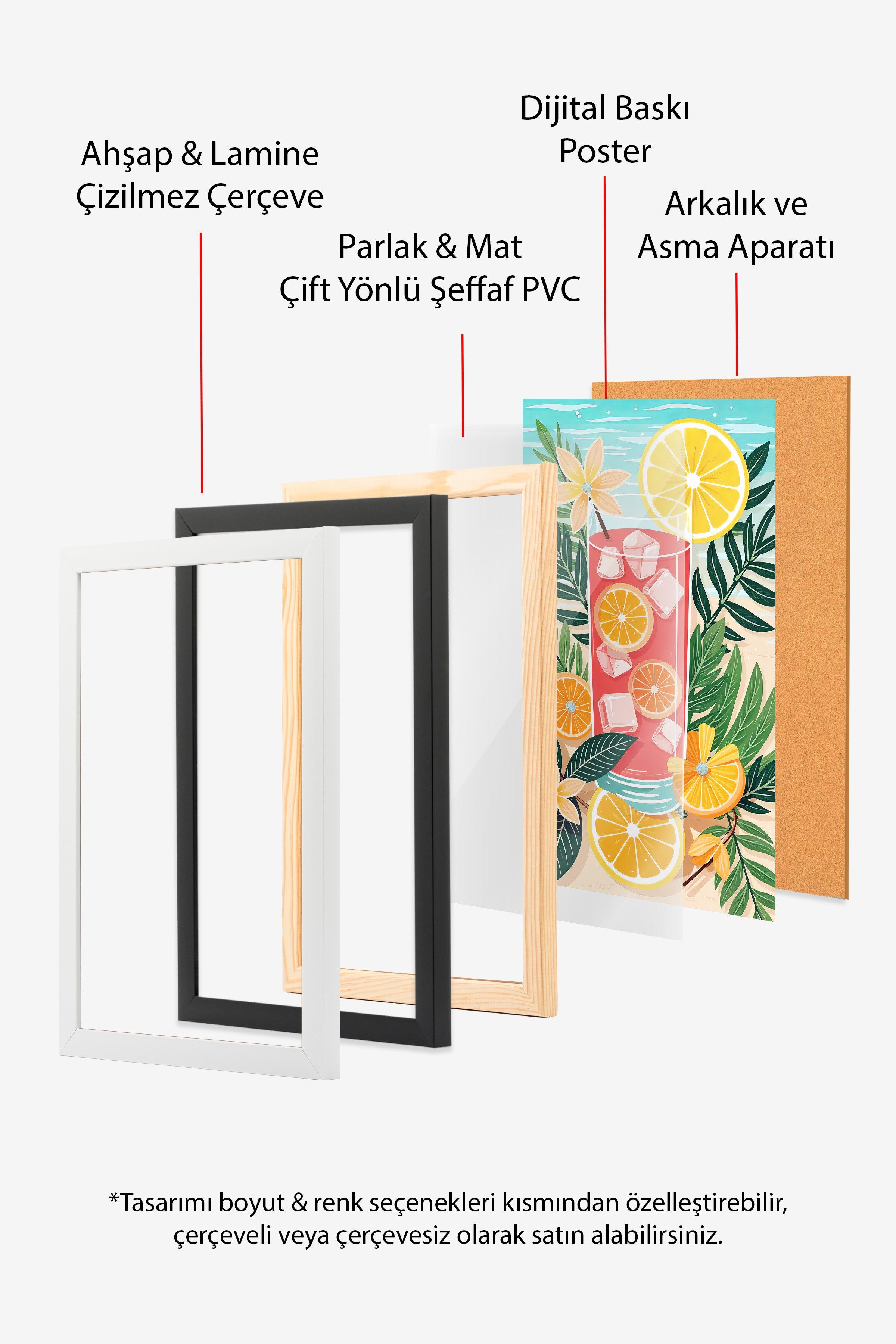 Ahşap Çerçeveli Tablo, Ferah Limonata, İllüstrasyon, Maximalist, Kırmızı Renk Poster, 2025 Yaz Seçkisi, NO:109784
