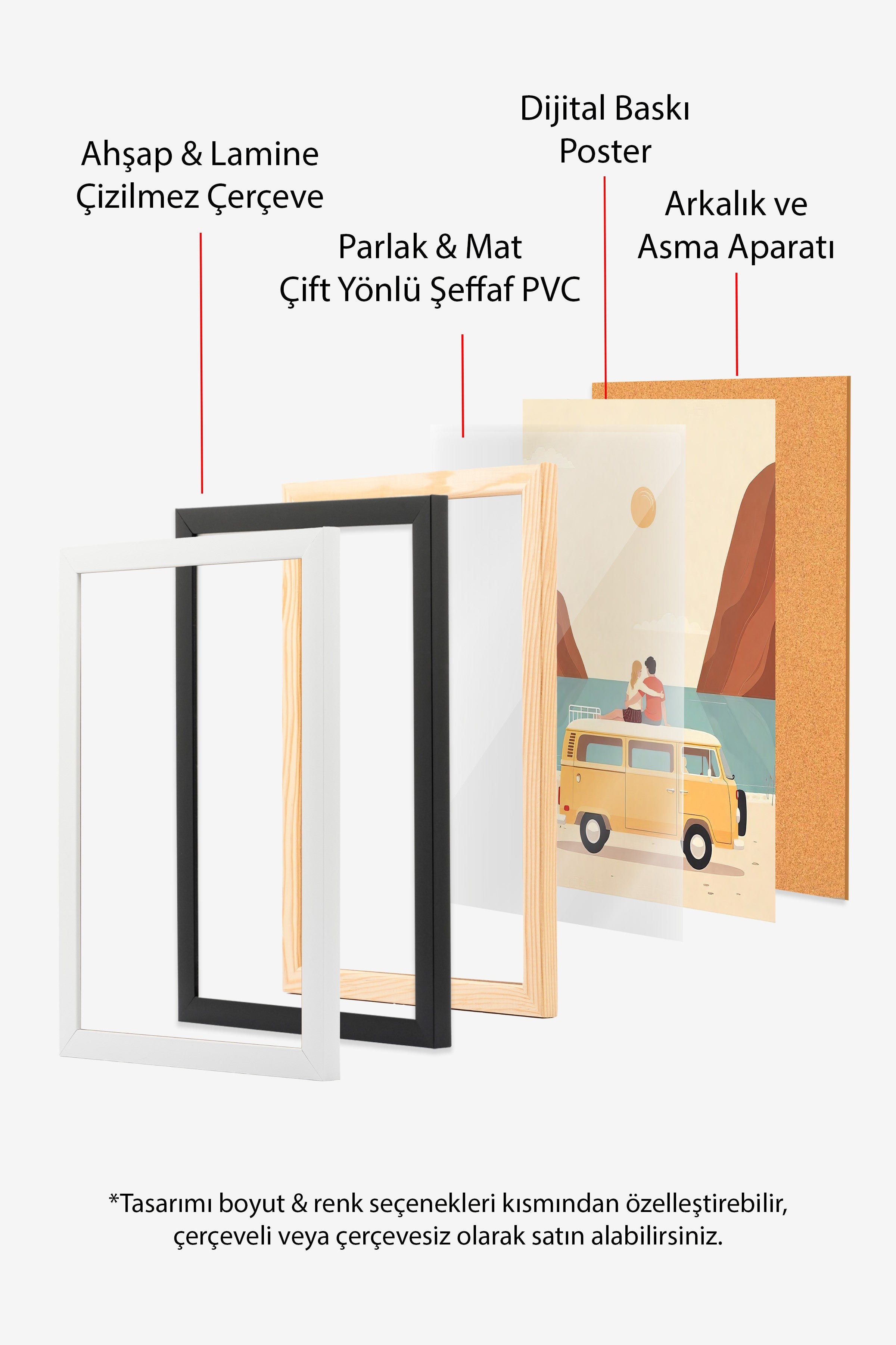 Ahşap Çerçeveli Tablo, Gün Batımı ve Çift, İllüstrasyon, Sarı Renk Poster, 2025 Yaz Seçkisi, NO:109703