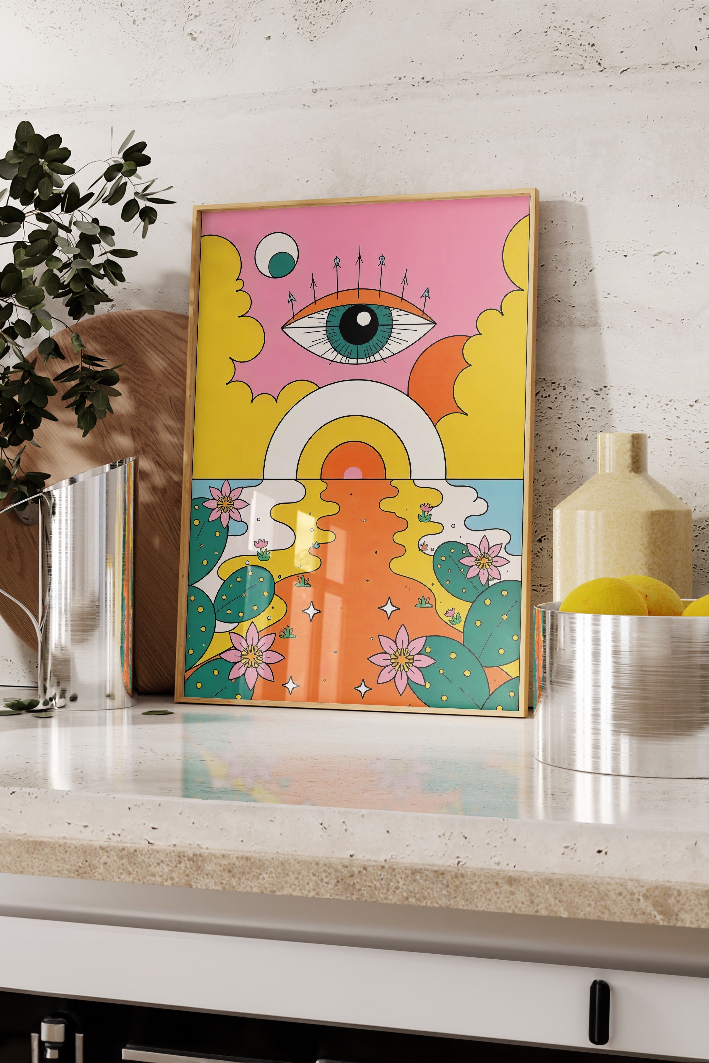 Ahşap Çerçeveli Tablo, Güneşin Gözü, İllüstrasyon Maximalist, Sarı Renk Poster, 2025 Yaz Seçkisi, NO:109757