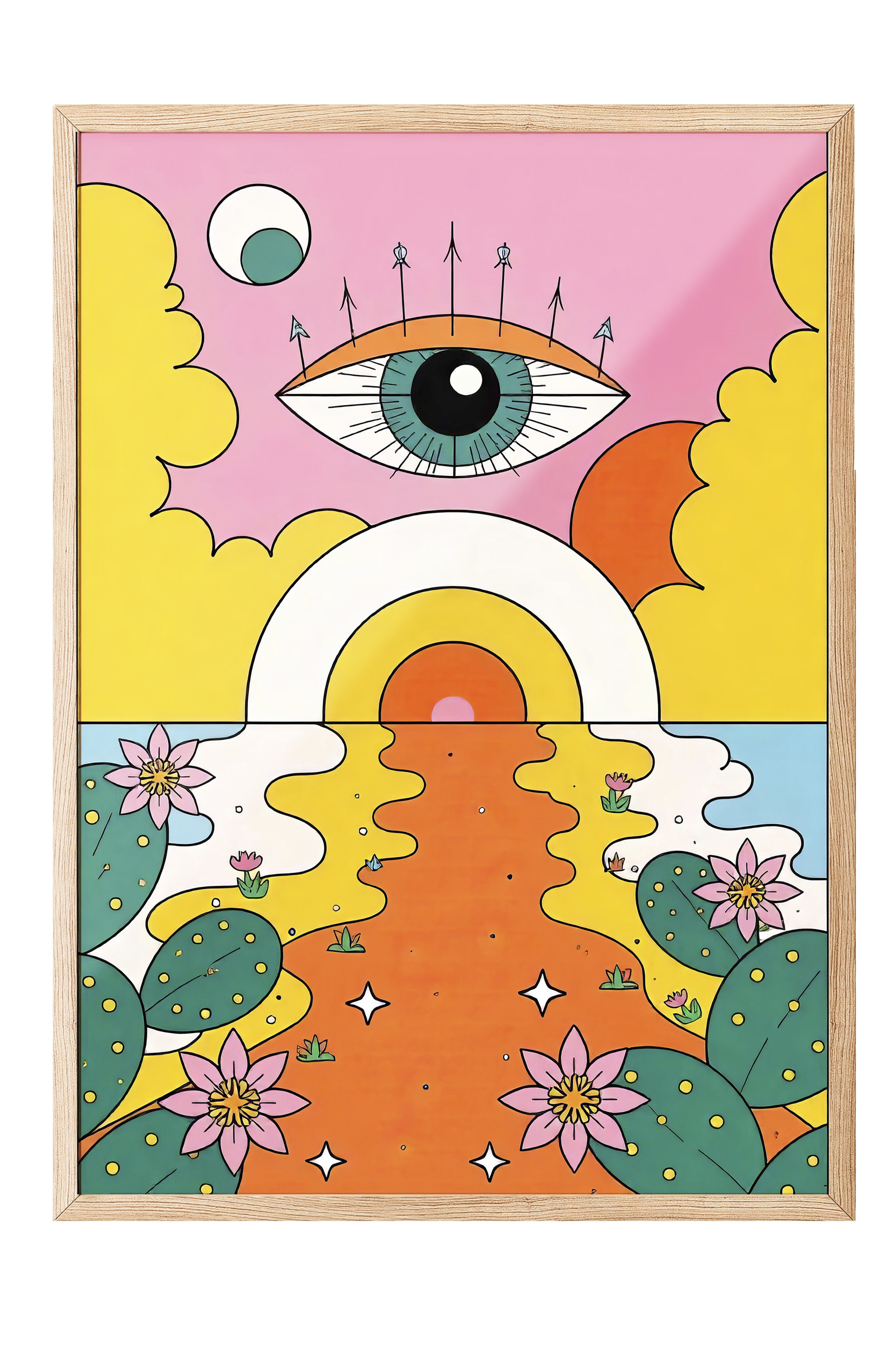 Ahşap Çerçeveli Tablo, Güneşin Gözü, İllüstrasyon Maximalist, Sarı Renk Poster, 2025 Yaz Seçkisi, NO:109757