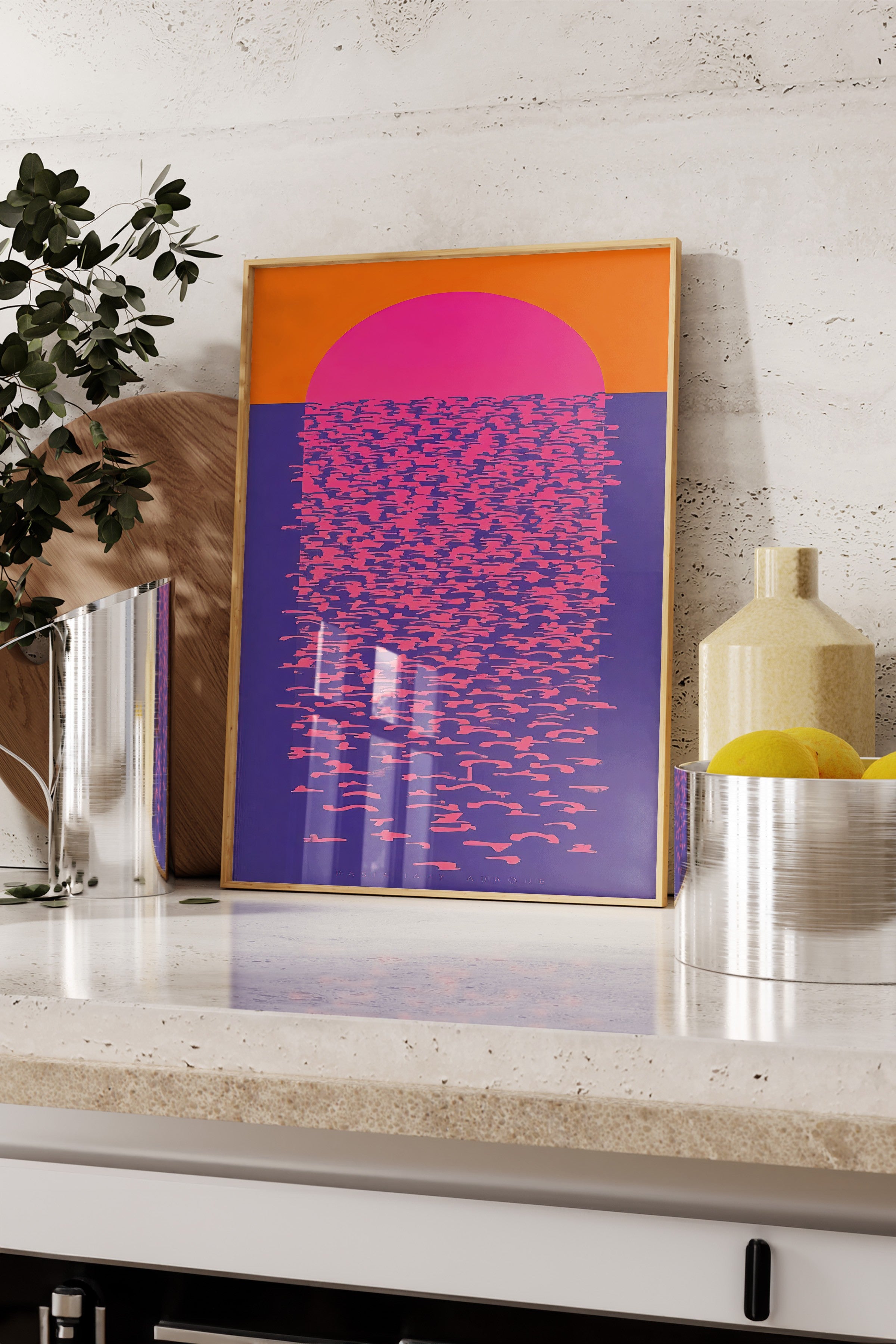 Ahşap Çerçeveli Tablo, Güneşin Yansıması, İllüstrasyon, Maximalist, Mavi Renk Poster, 2025 Yaz Seçkisi, NO:109758