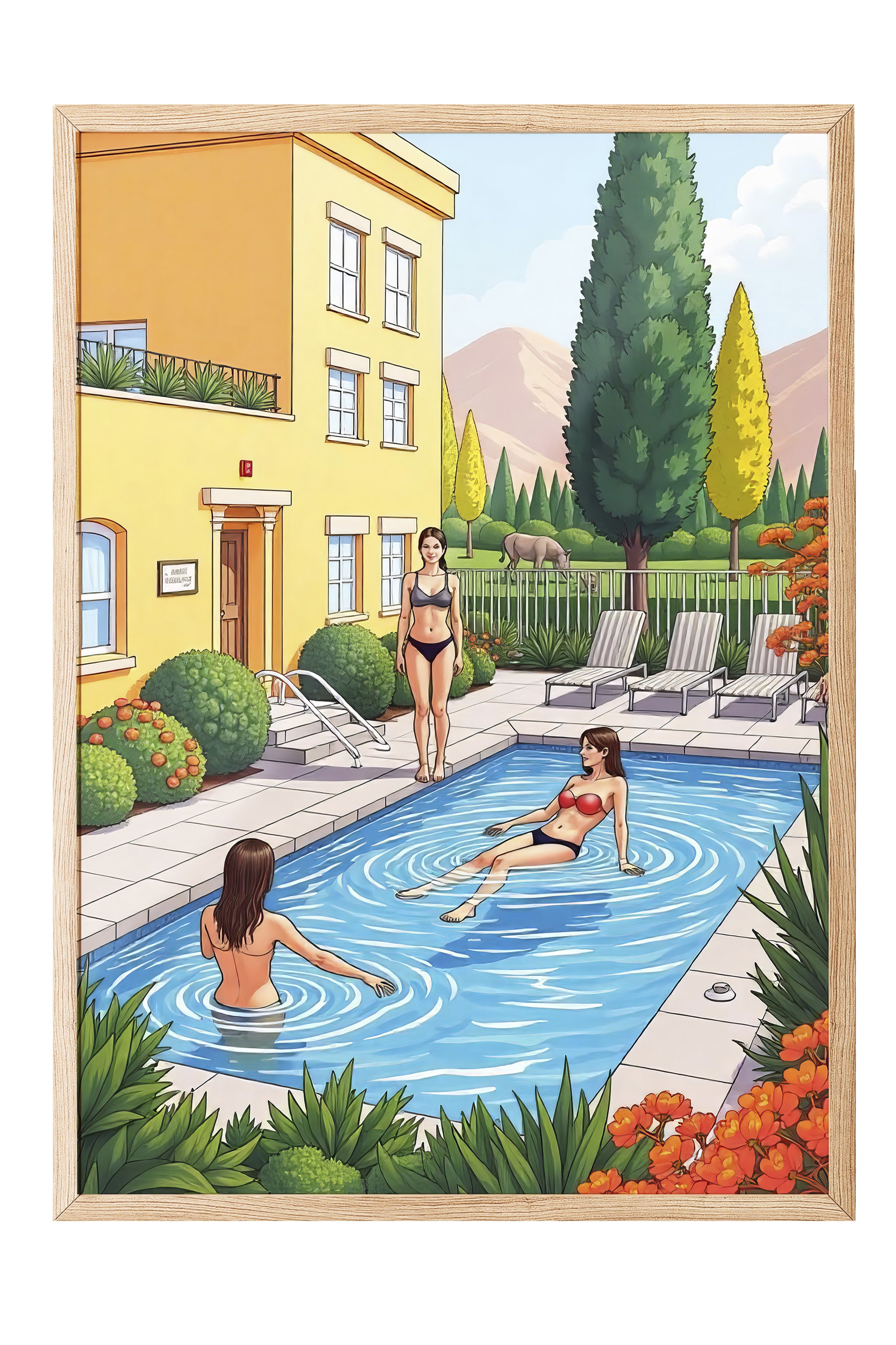 Ahşap Çerçeveli Tablo, Havuz Partisi, İllüstrasyon, Maximalist, Mavi Renk Poster, 2025 Yaz Seçkisi, NO:109763