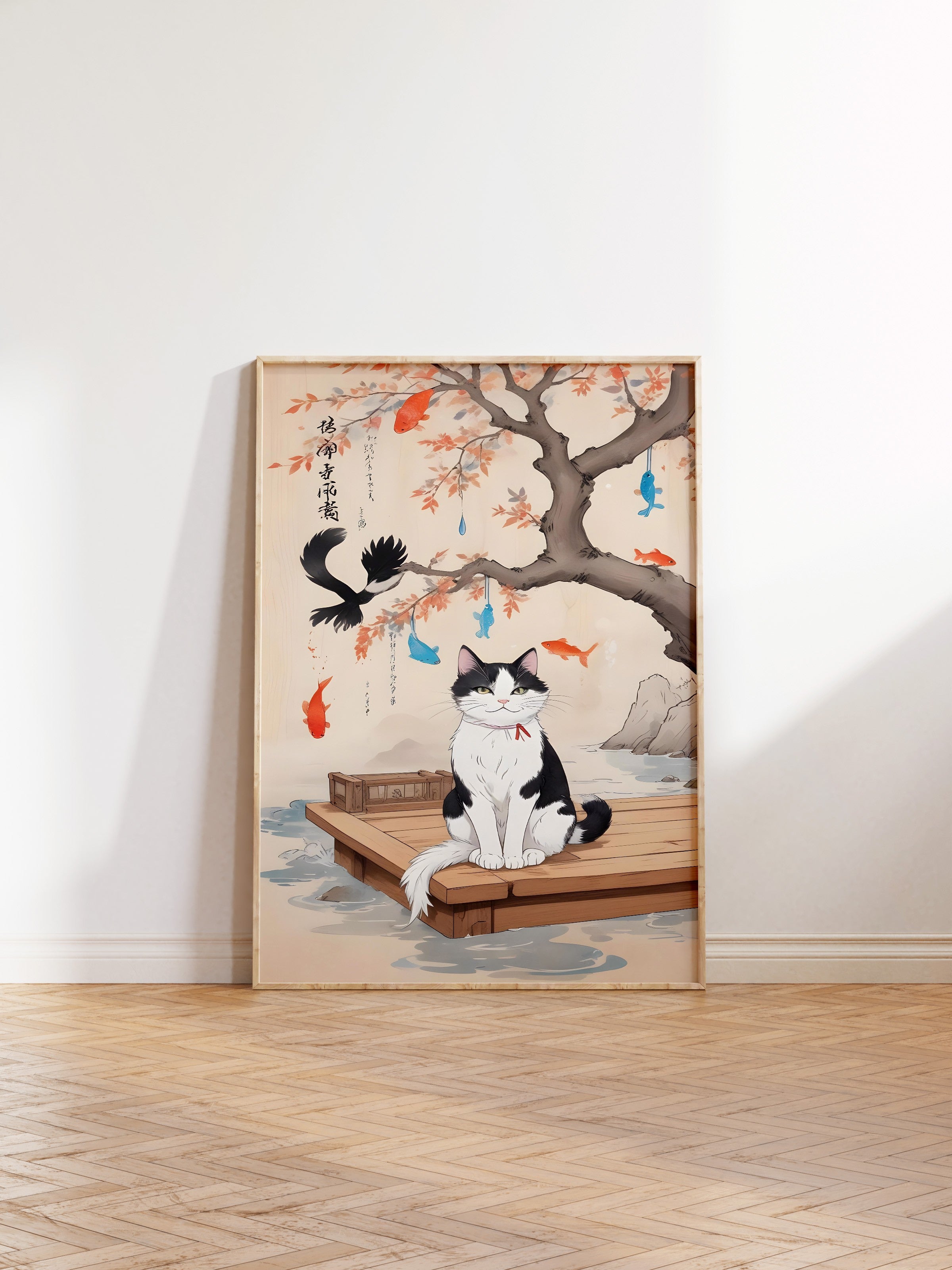 Ahşap Çerçeveli Tablo, Japanese Cats, Comfort Serisi Mutfak Ahşap Tablo, NO:109165
