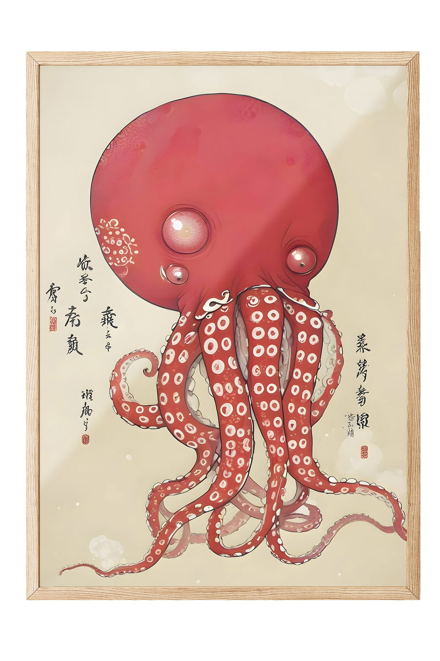 Kızıl Ahtapot Sanatı Japon Sanatı Poster – Ahşap Çerçeveli Tablo