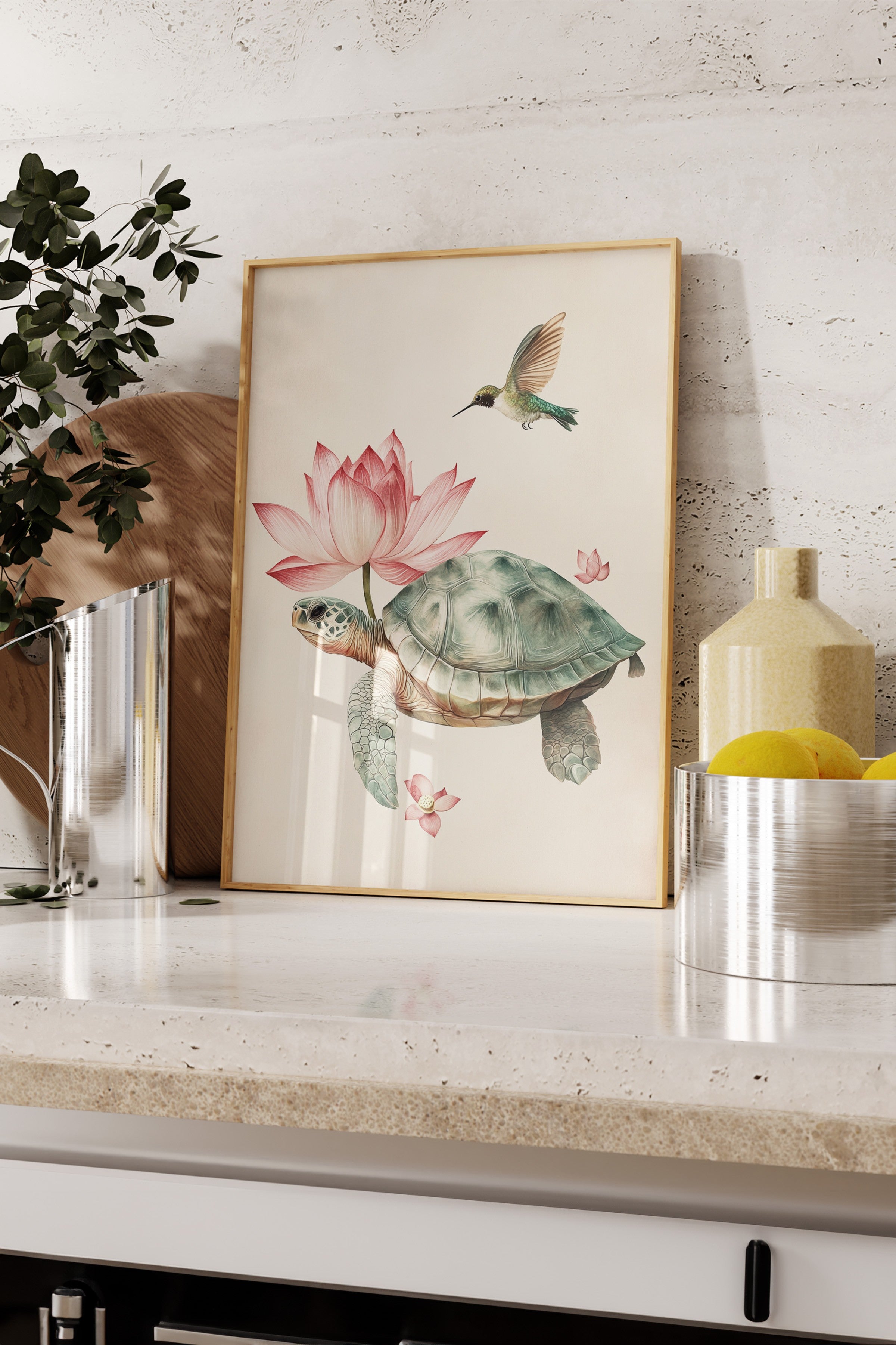 Ahşap Çerçeveli Tablo, Kaplumbağa, Sinek Kuşu, Lotus, İllüstrasyon, Pastel Tonlar Renk Poster, 2025 Yaz Seçkisi, NO:109795