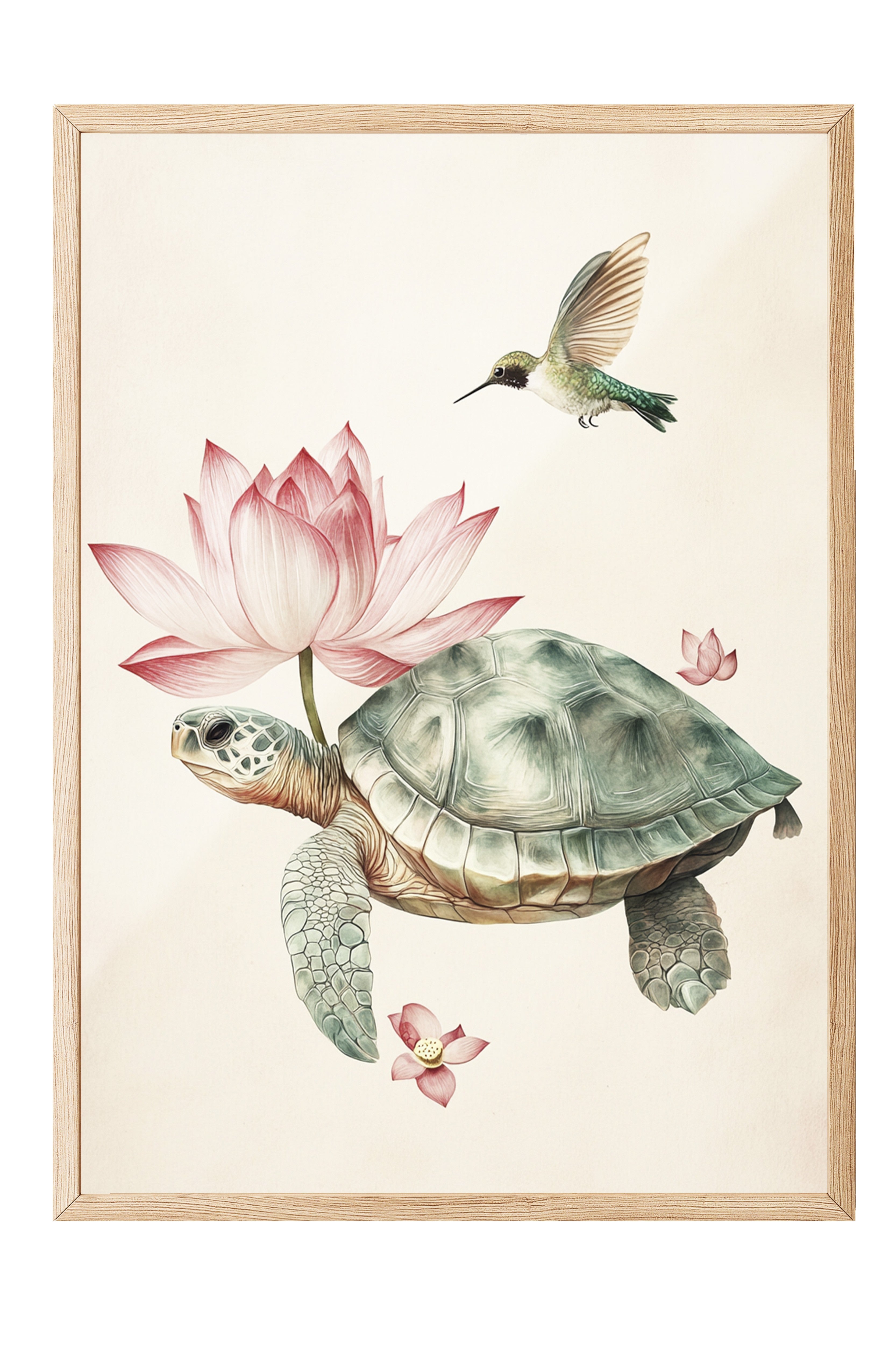 Ahşap Çerçeveli Tablo, Kaplumbağa, Sinek Kuşu, Lotus, İllüstrasyon, Pastel Tonlar Renk Poster, 2025 Yaz Seçkisi, NO:109795
