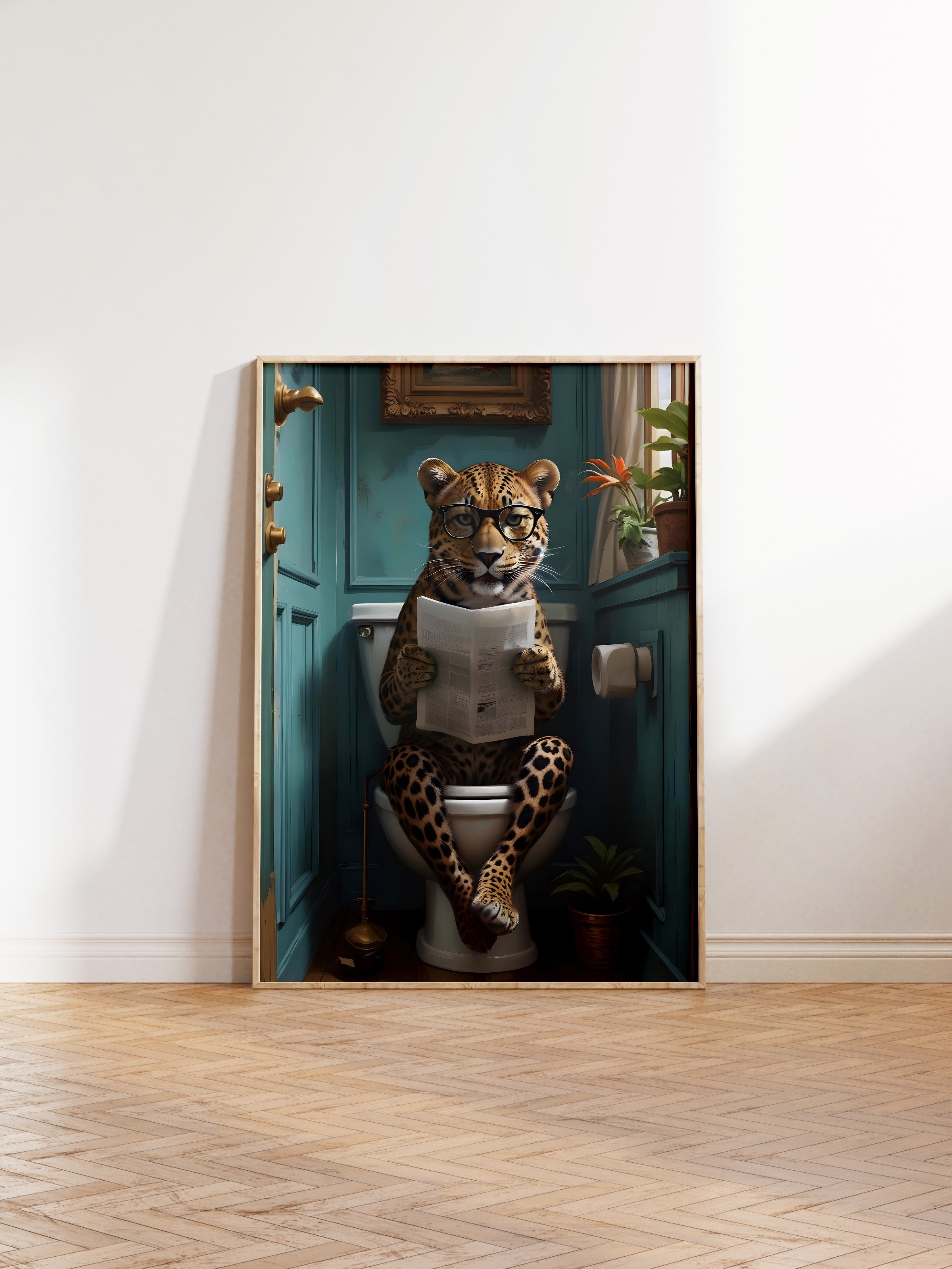 Ahşap Çerçeveli Tablo, Leopard in Toilet, Comfort Serisi Poster ve Ahşap Tablo, NO:108926