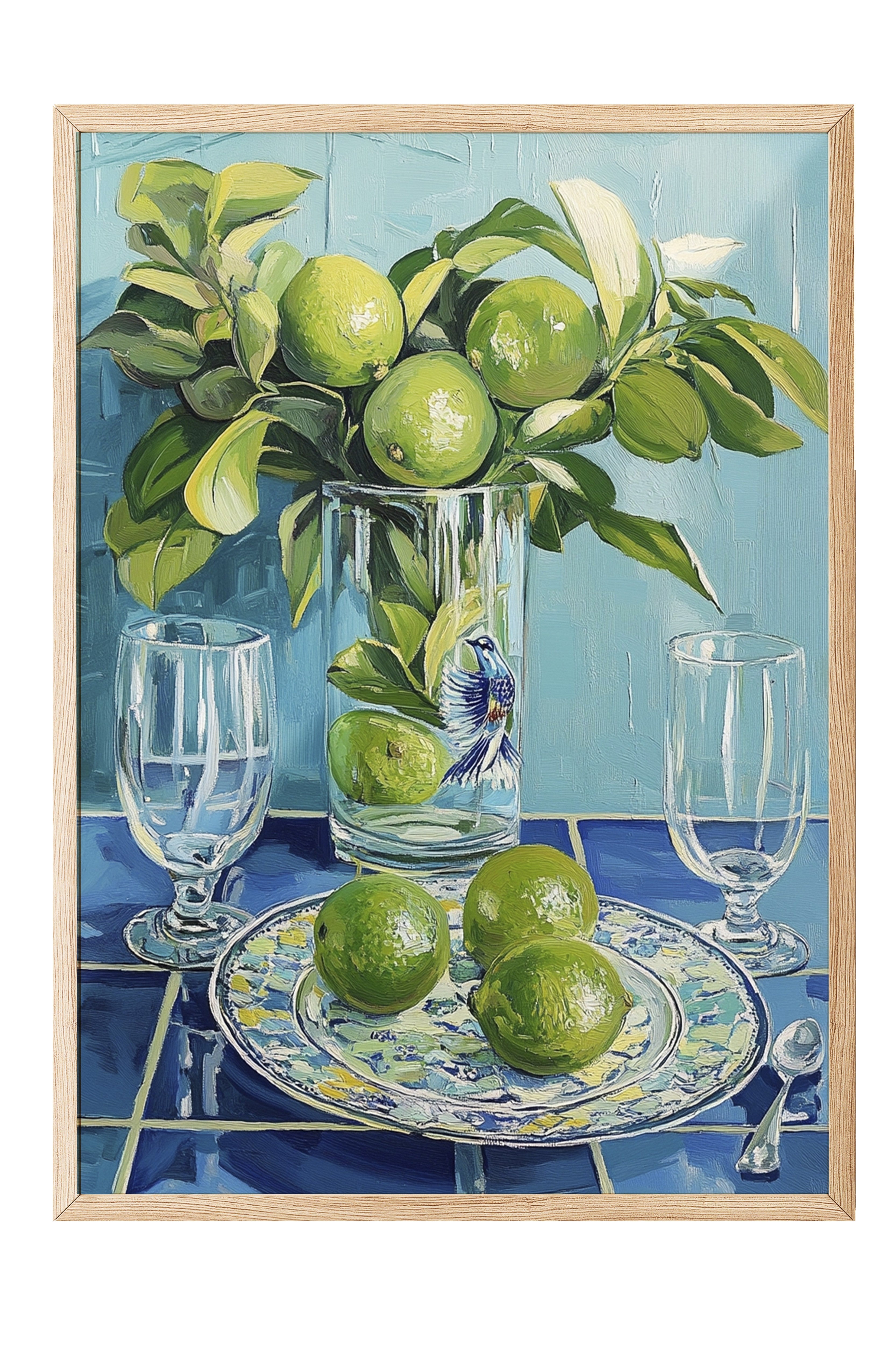 Ahşap Çerçeveli Tablo, Limon, Vazo, Tabak, Yağlıboya Tablo, Yeşil, Mavi Renk Poster, 2025 Yaz Seçkisi, NO:109798